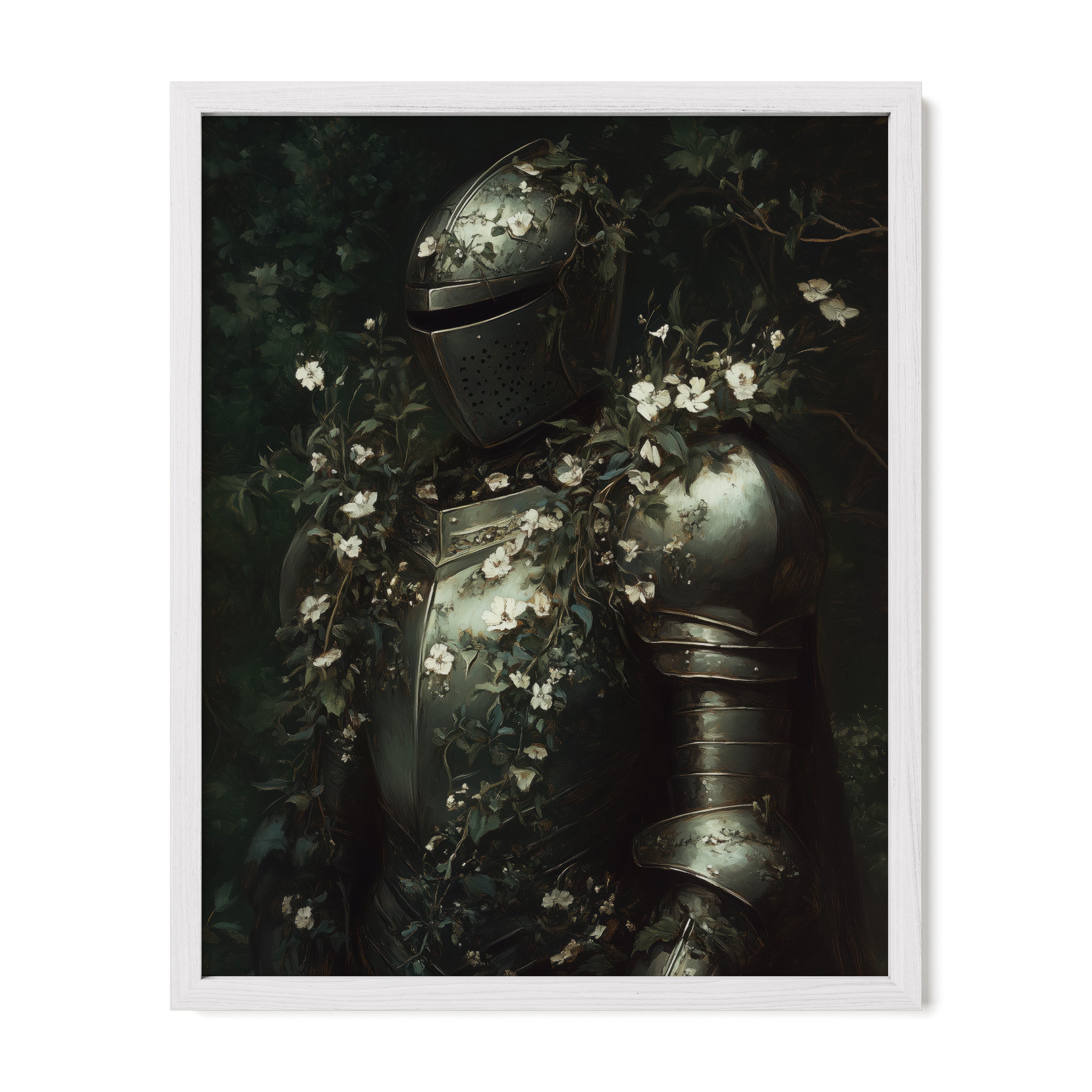 white framed medieval gothic knight wall art print