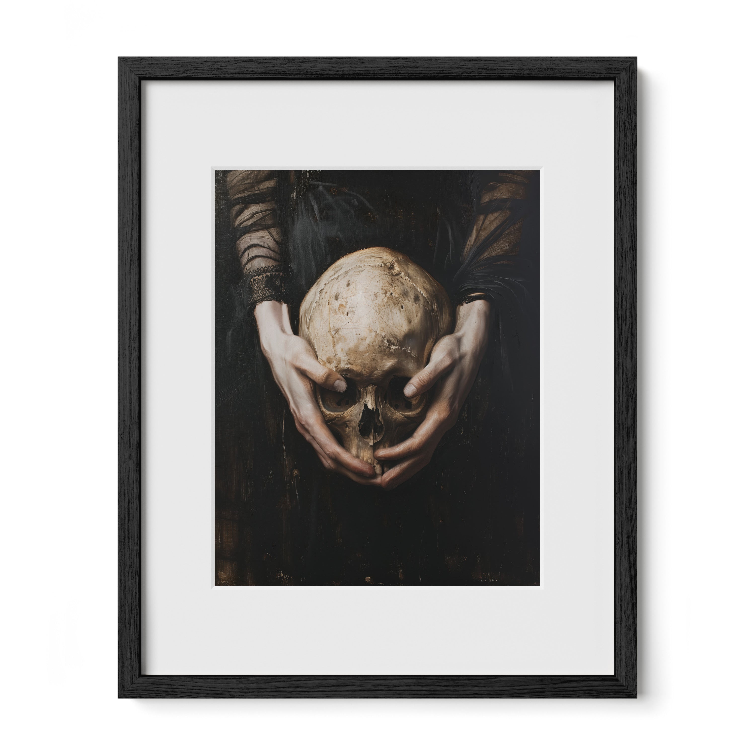 black framed memento mori skull wall art print with mat