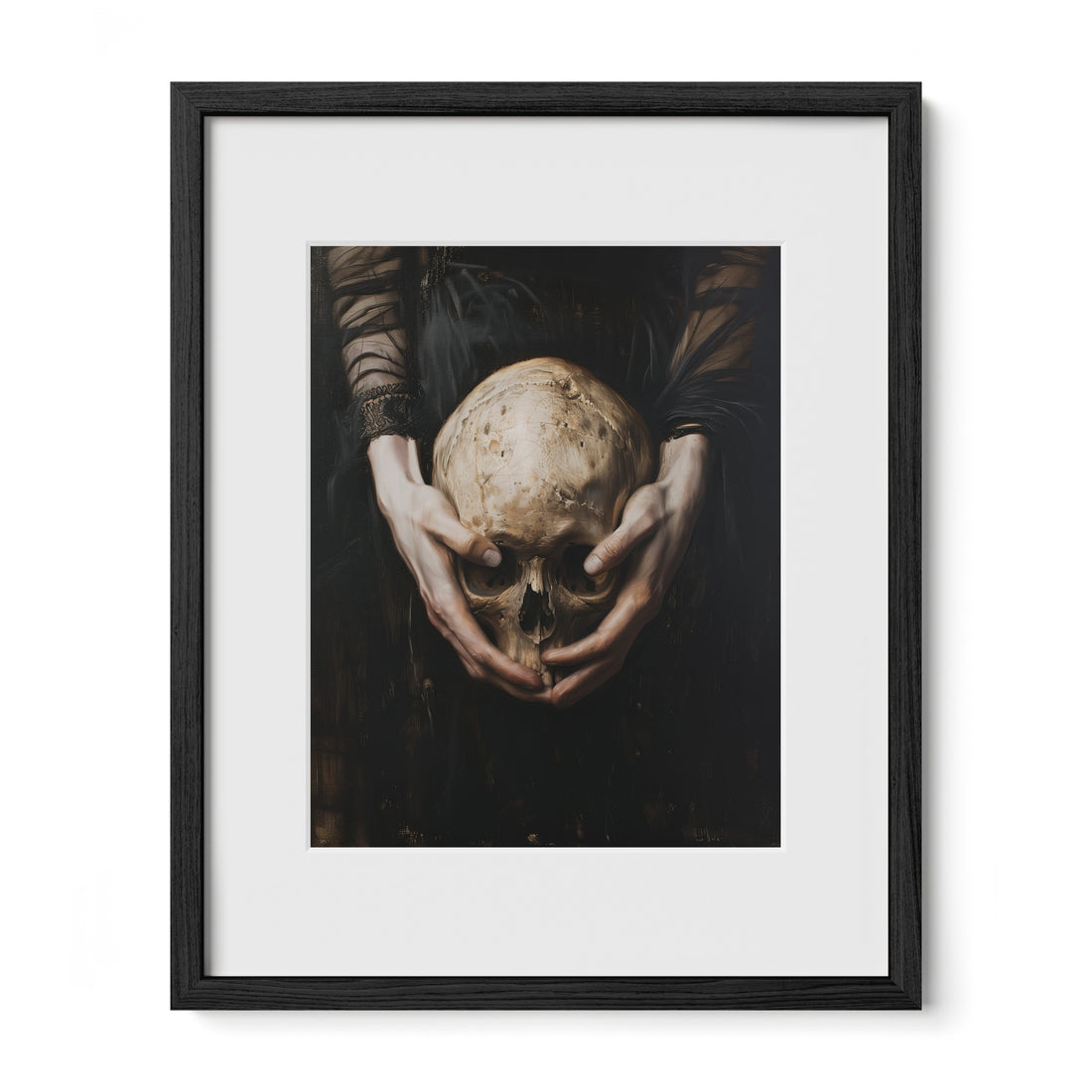 black framed memento mori skull wall art print with mat