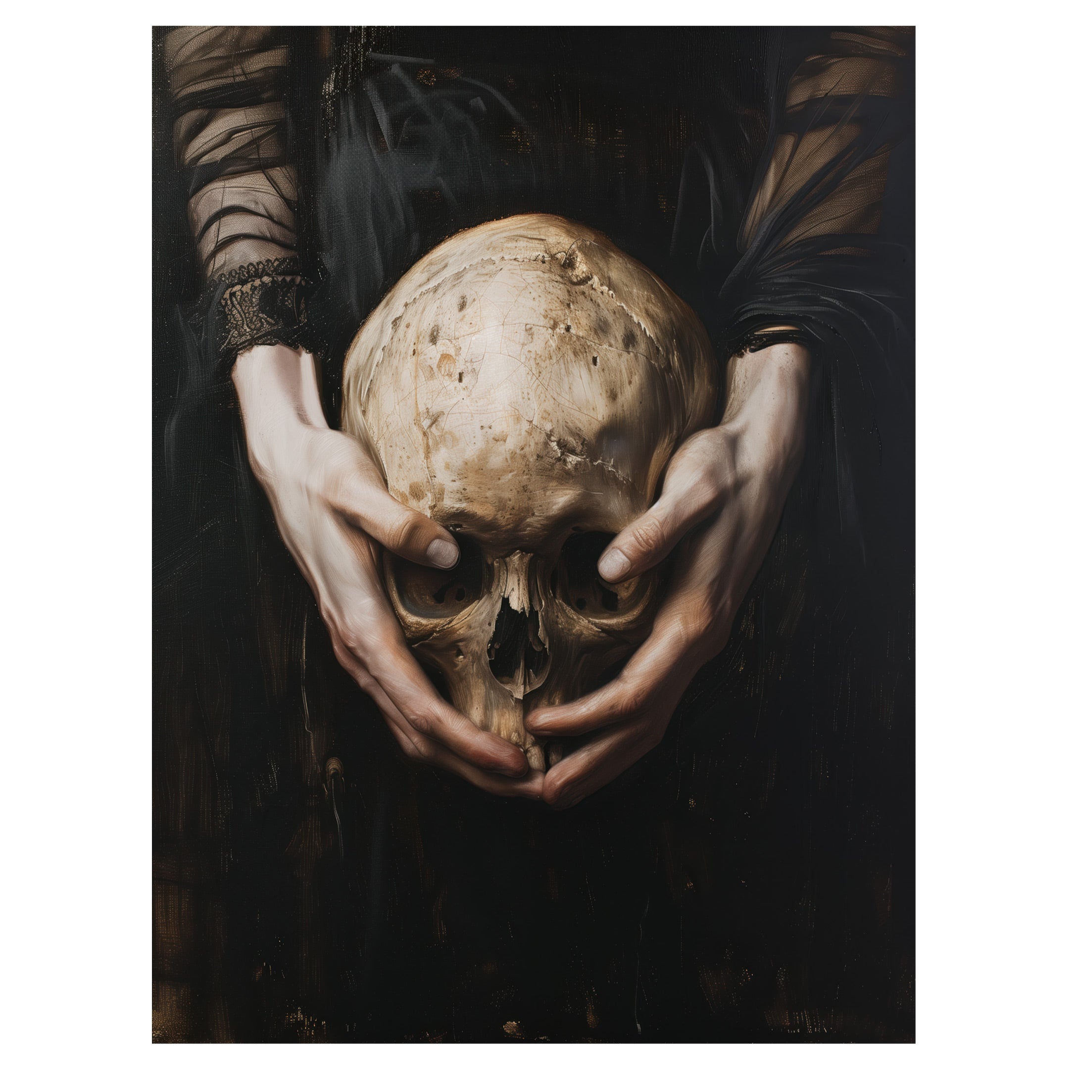 gothic skull wall art print with pale hands holding a skull