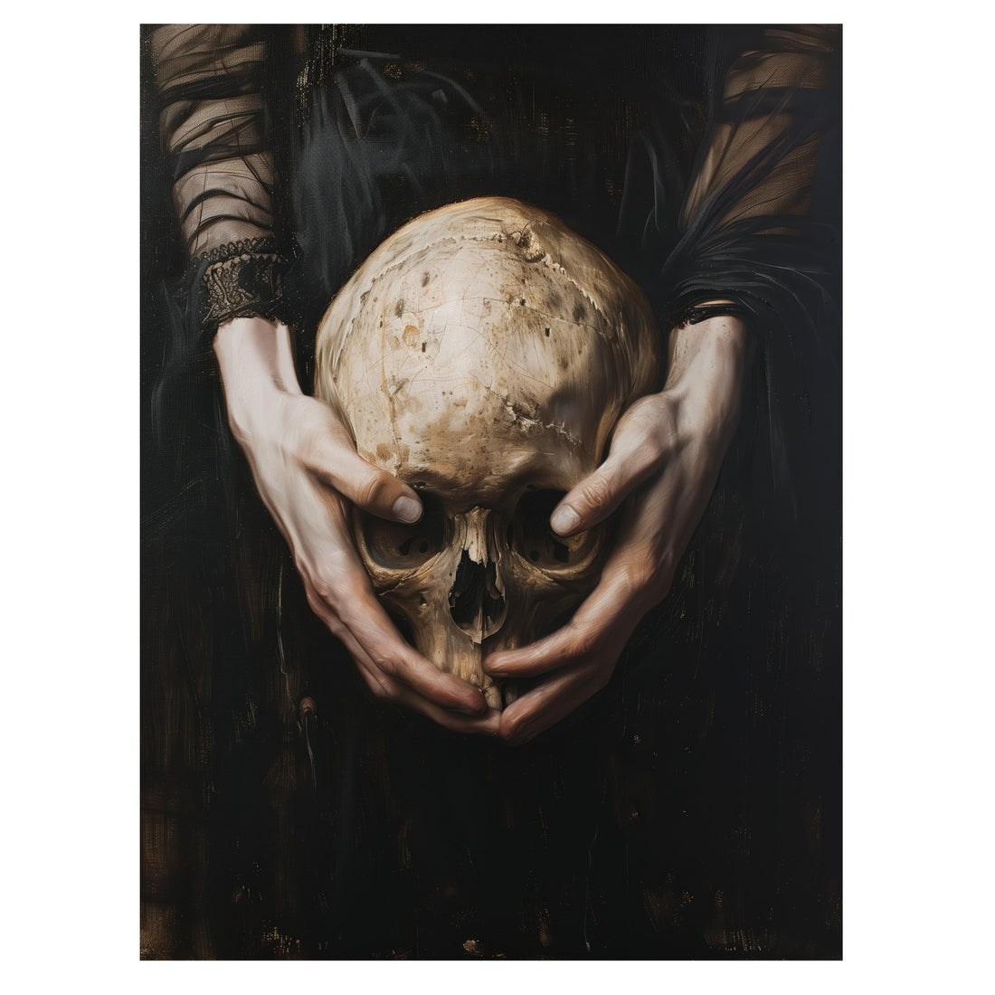 gothic skull wall art print with pale hands holding a skull