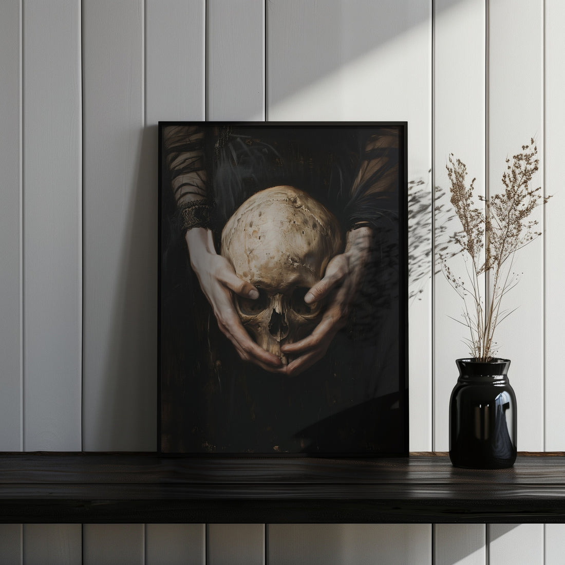 thin black framed gothic skull wall art print