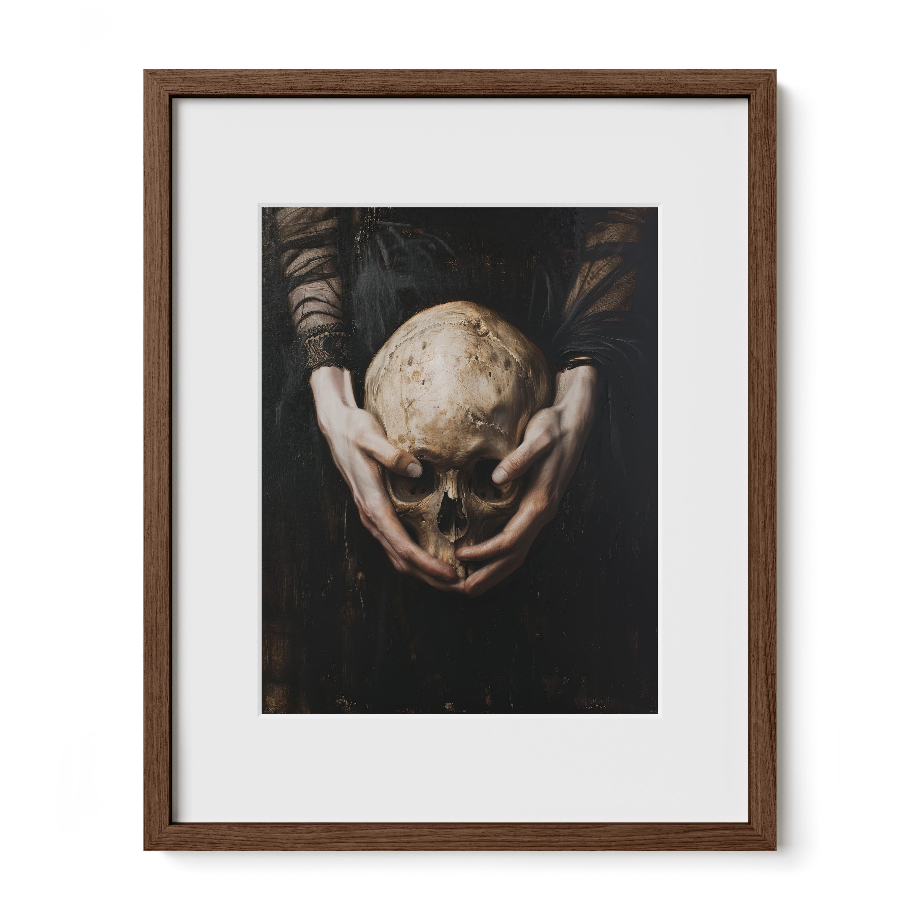 walnut framed sacred gothic skull print with mat