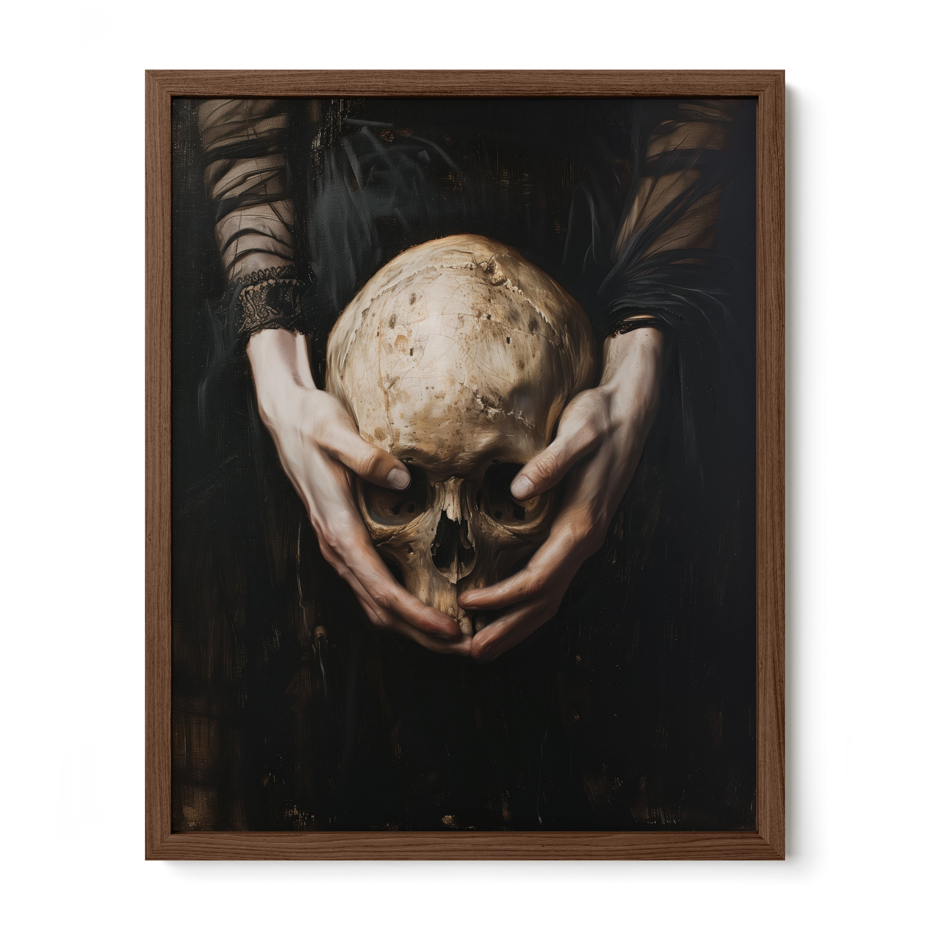 walnut framed gothic vanitas skull wall art print