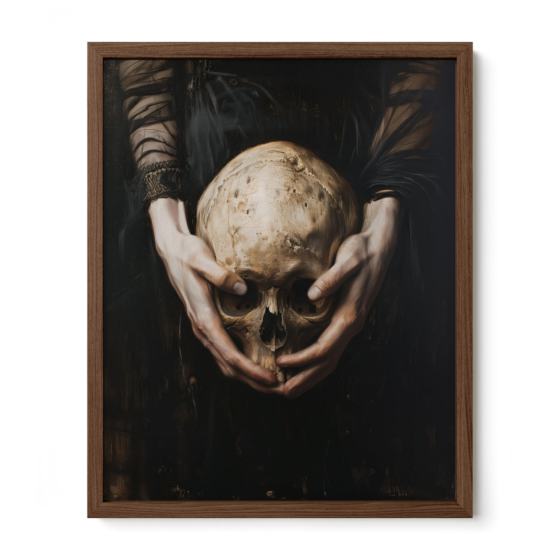 walnut framed gothic vanitas skull wall art print