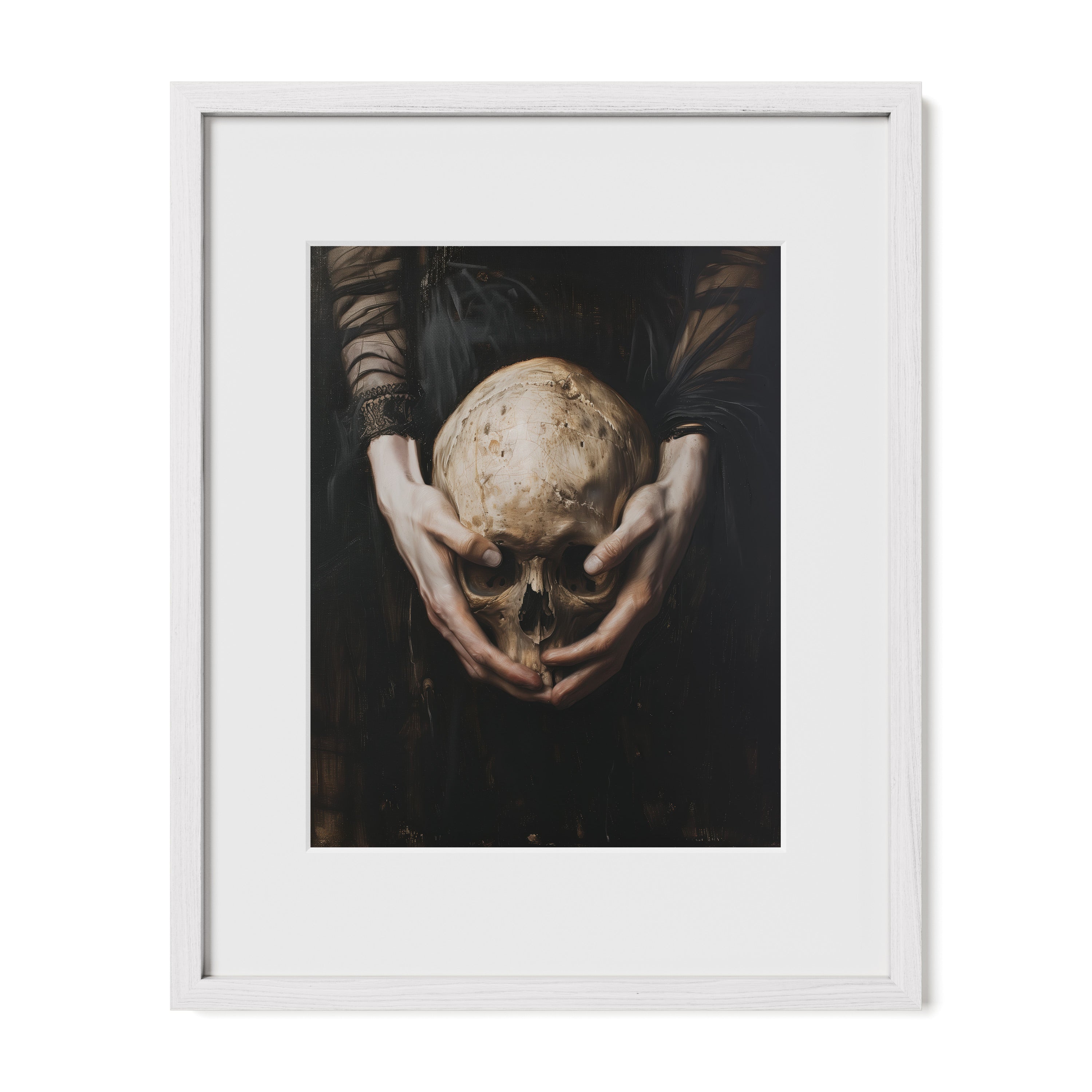 white framed dark romantic skull wall art print with mat