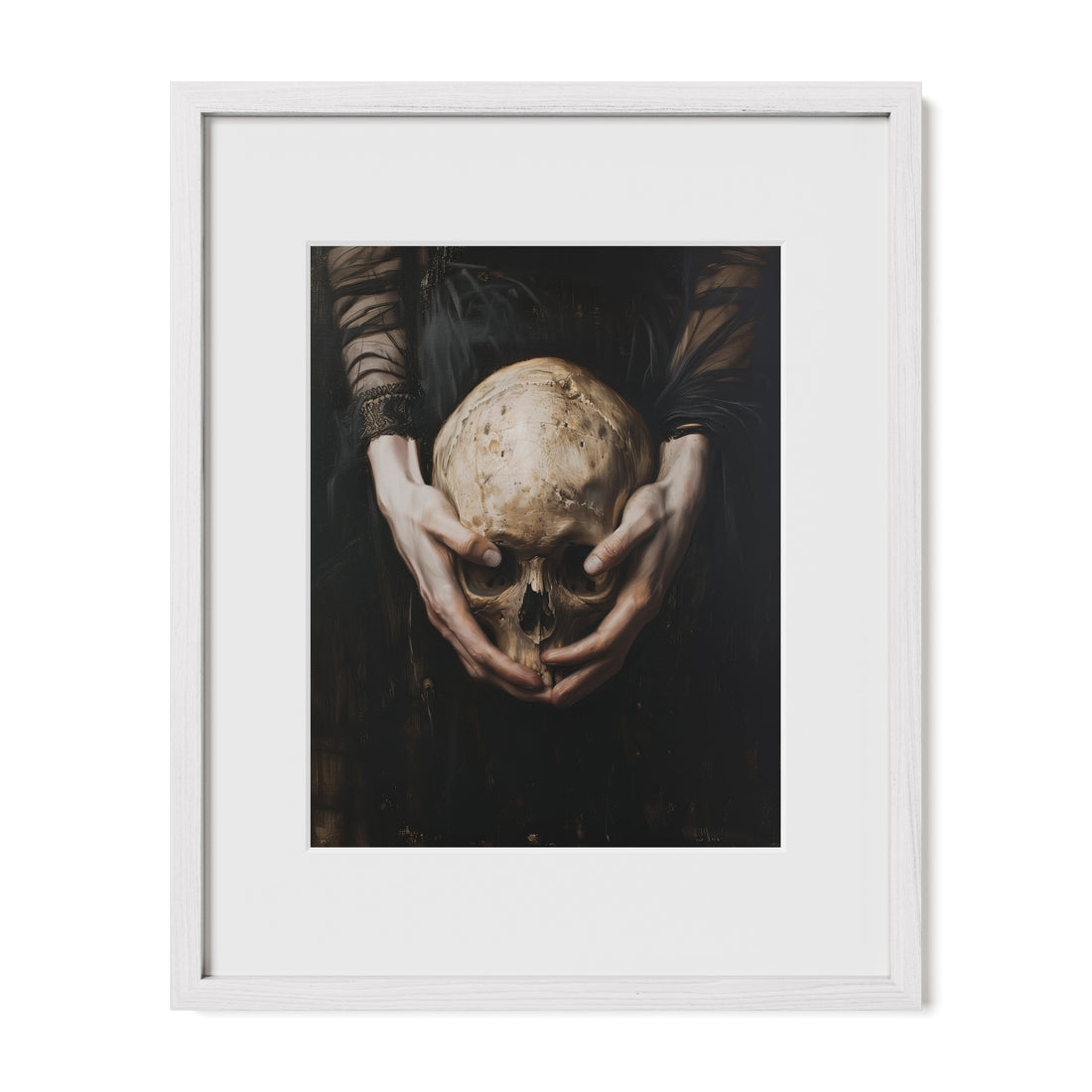 white framed dark romantic skull wall art print with mat
