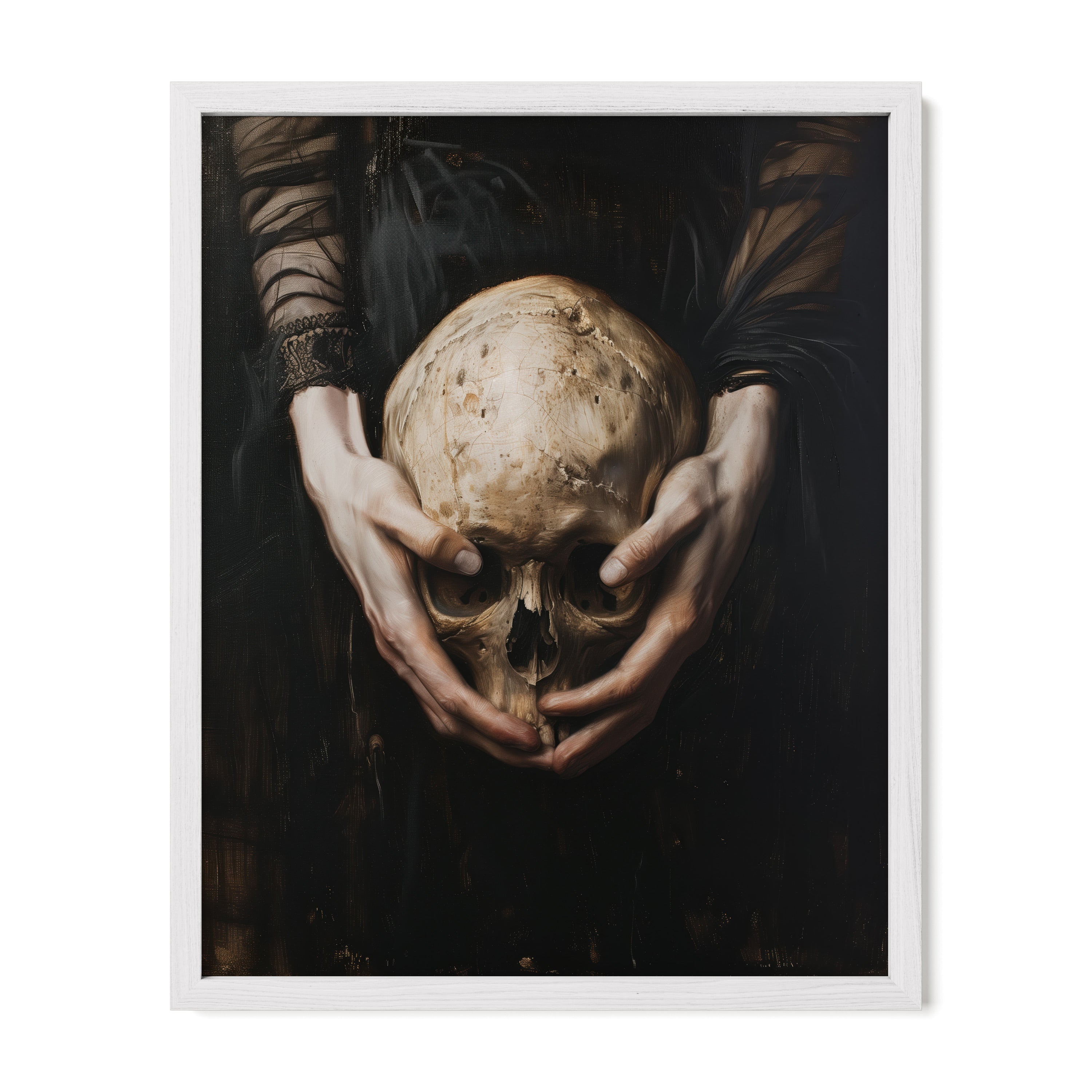 white framed gothic skull symbolic wall art print