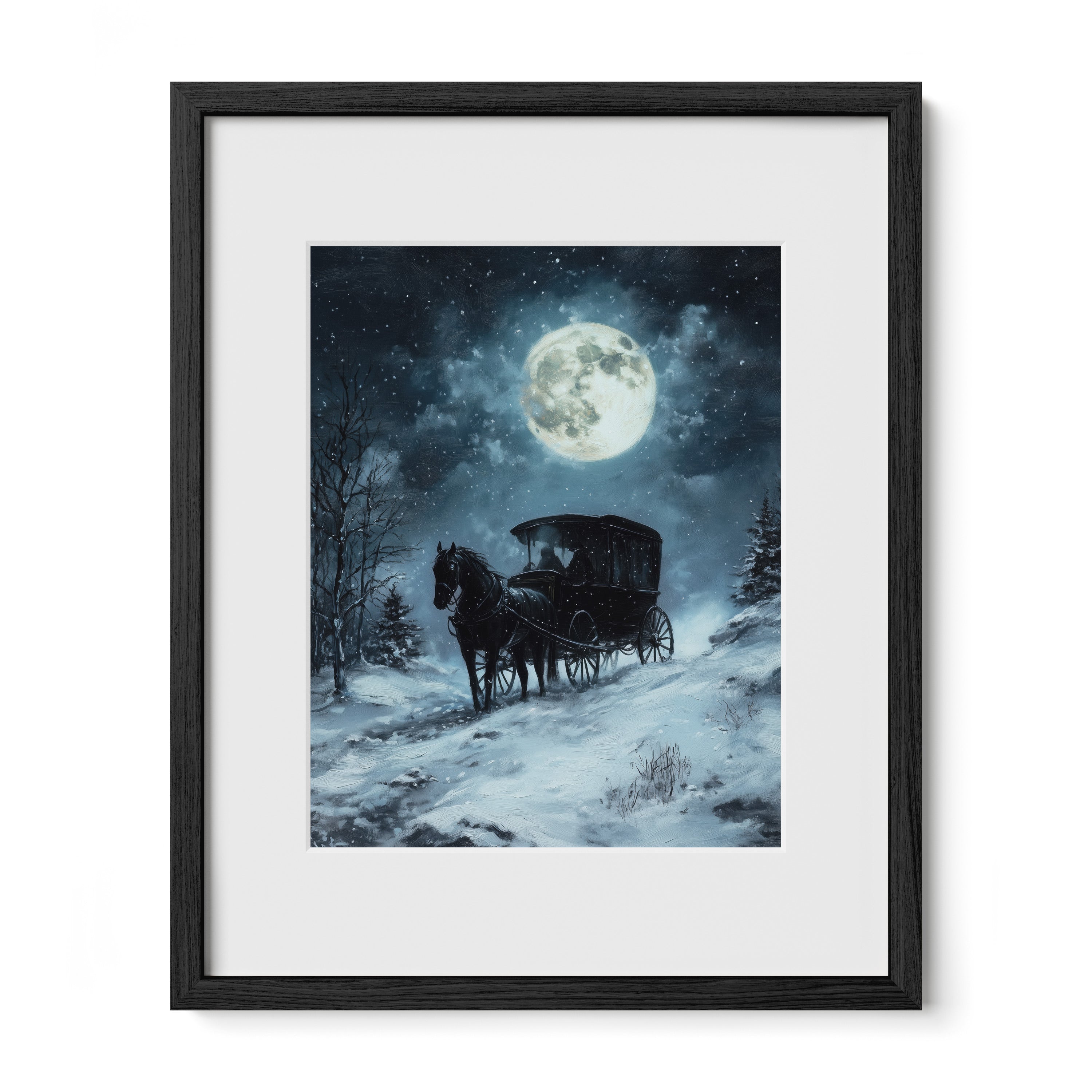 black framed moonlit carriage wall art print with mat