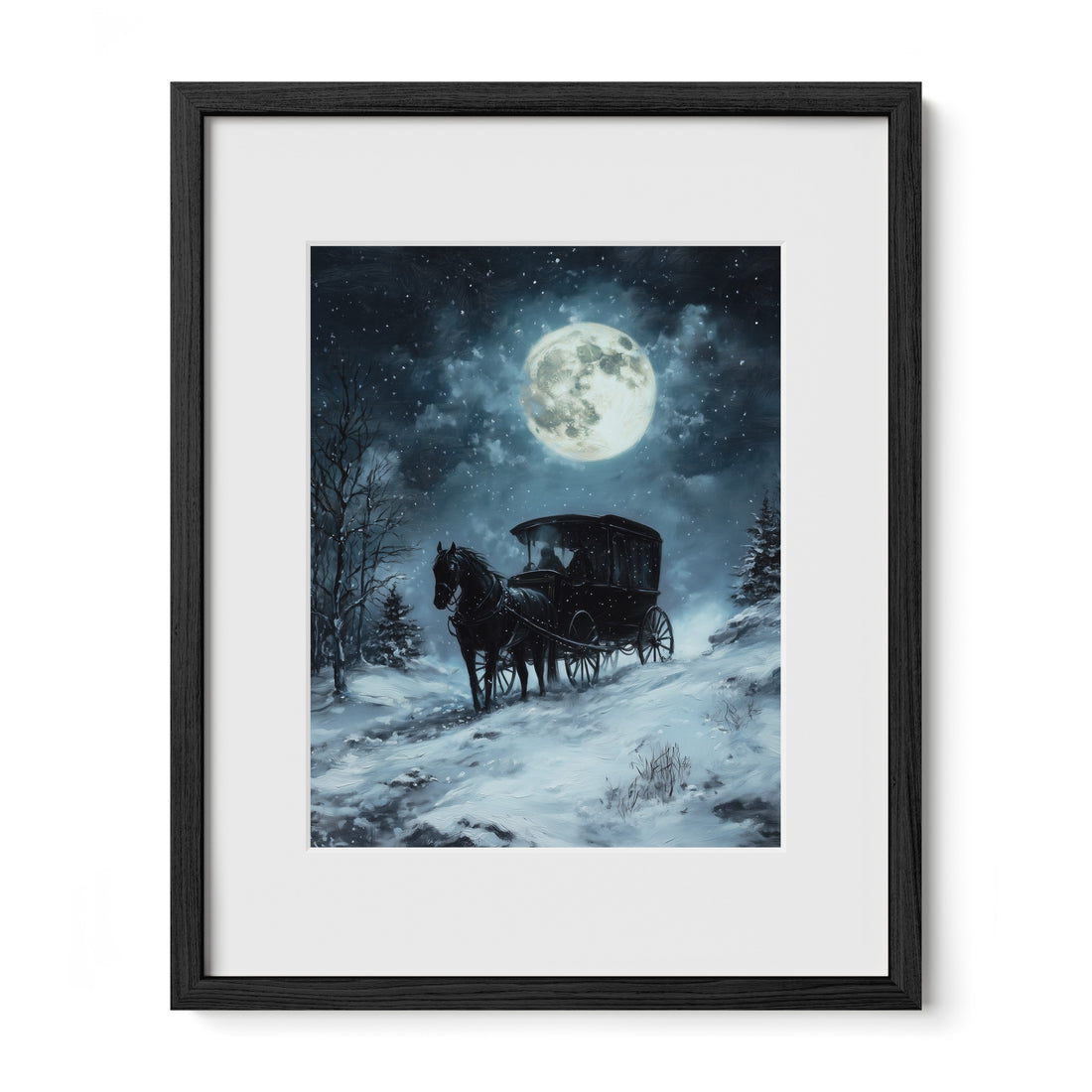 black framed moonlit carriage wall art print with mat