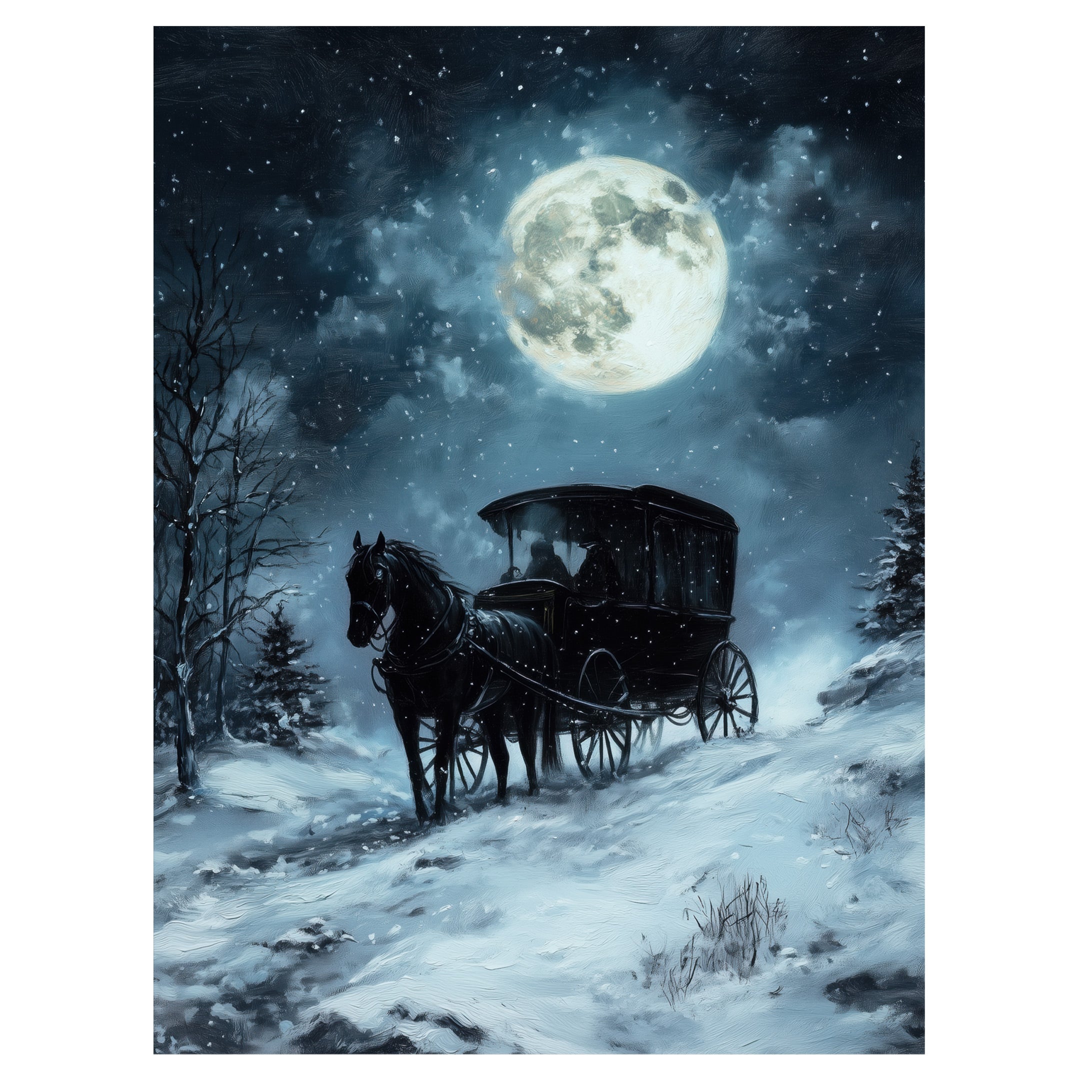 moonlit gothic carriage wall art print with horse-drawn carriage under full moon