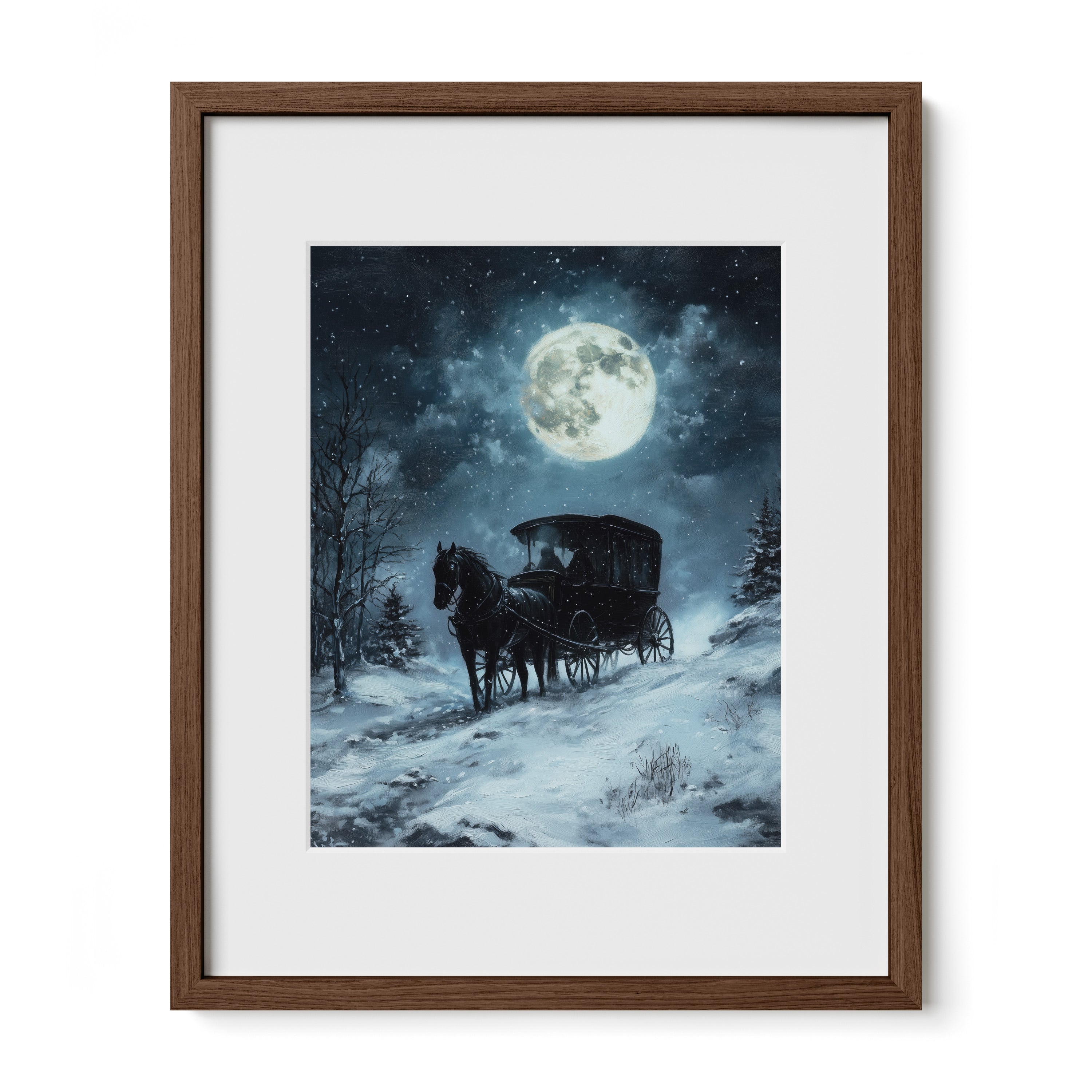 walnut framed moonlit gothic carriage wall art print with mat