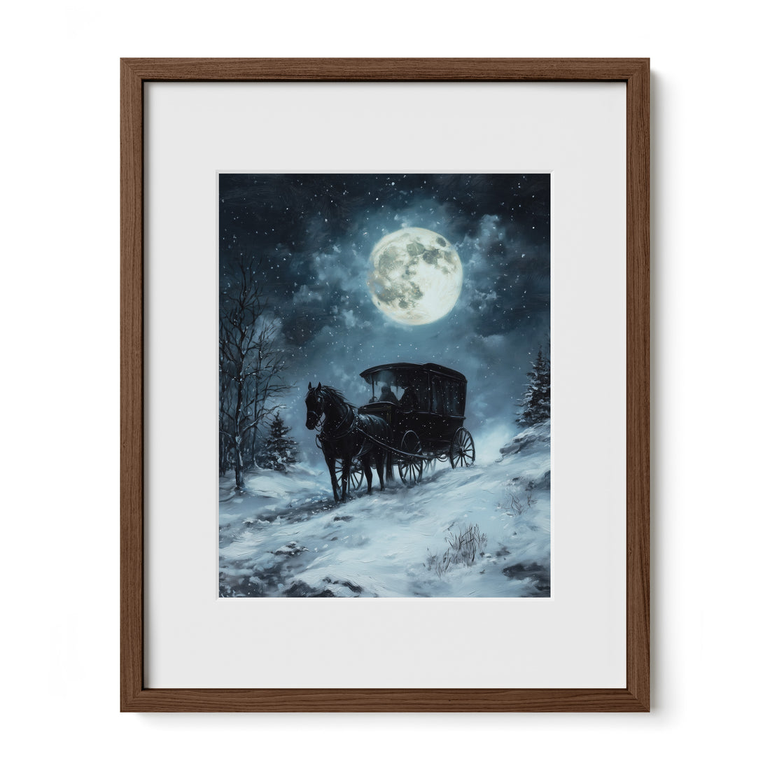 walnut framed moonlit gothic carriage wall art print with mat