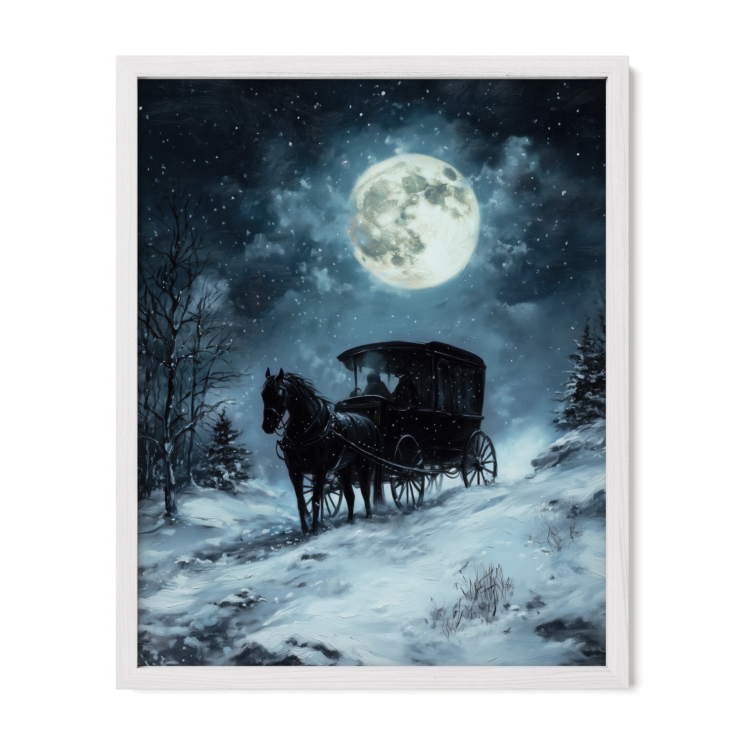 white framed winter moonlit carriage wall art print