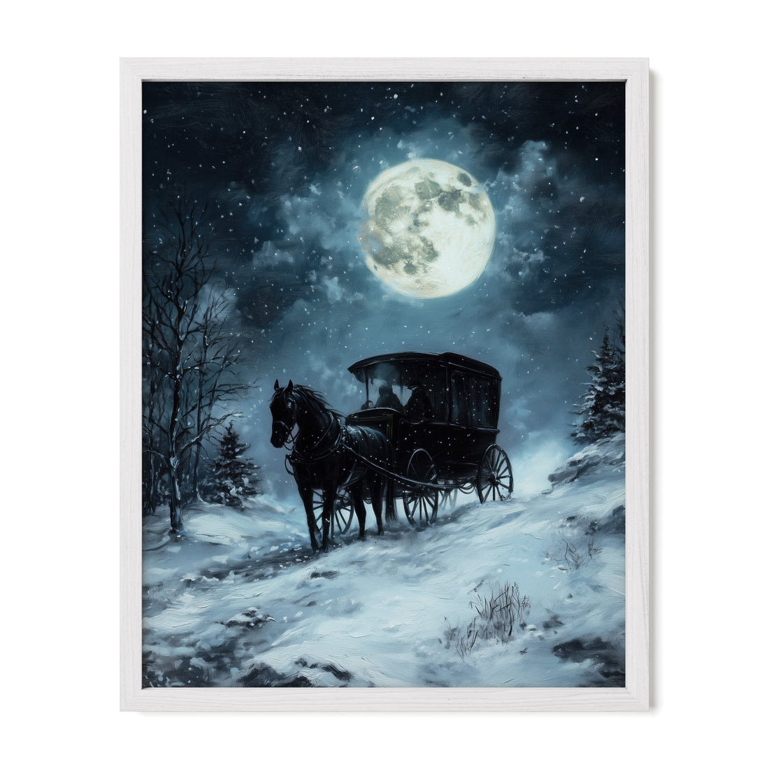white framed winter moonlit carriage wall art print