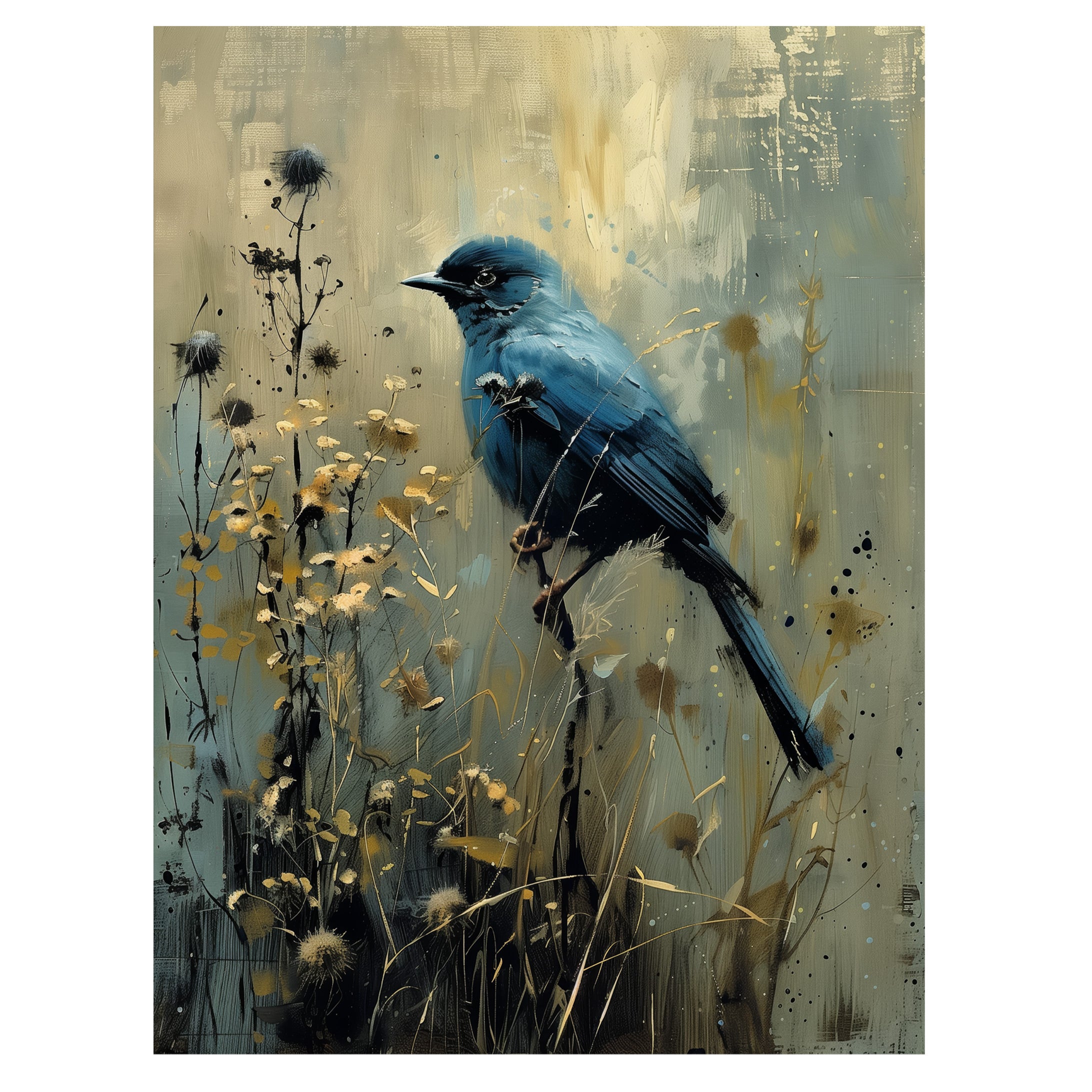 gothic blue bird wall art print with solitary bird perched among thistles