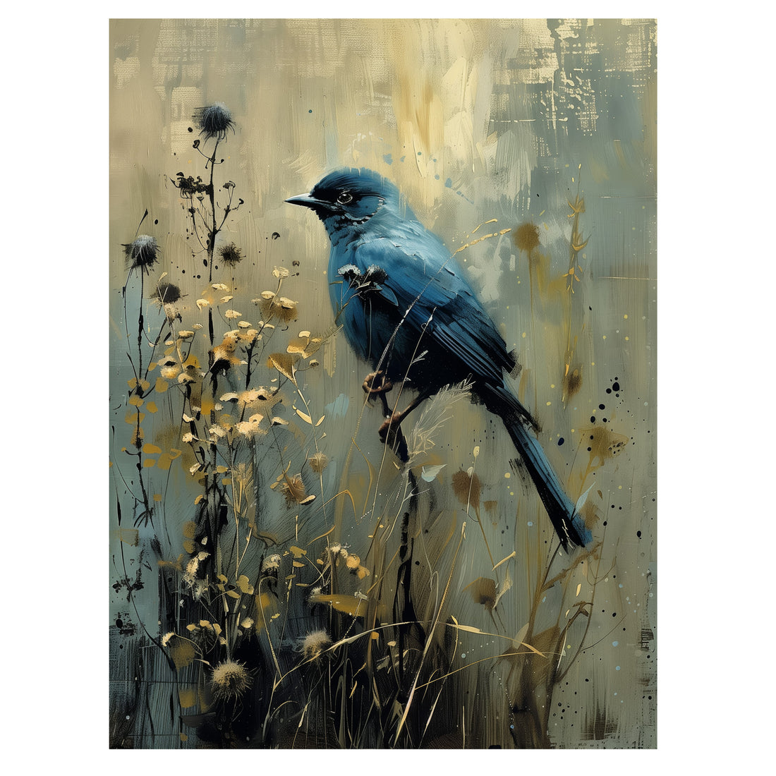 gothic blue bird wall art print with solitary bird perched among thistles