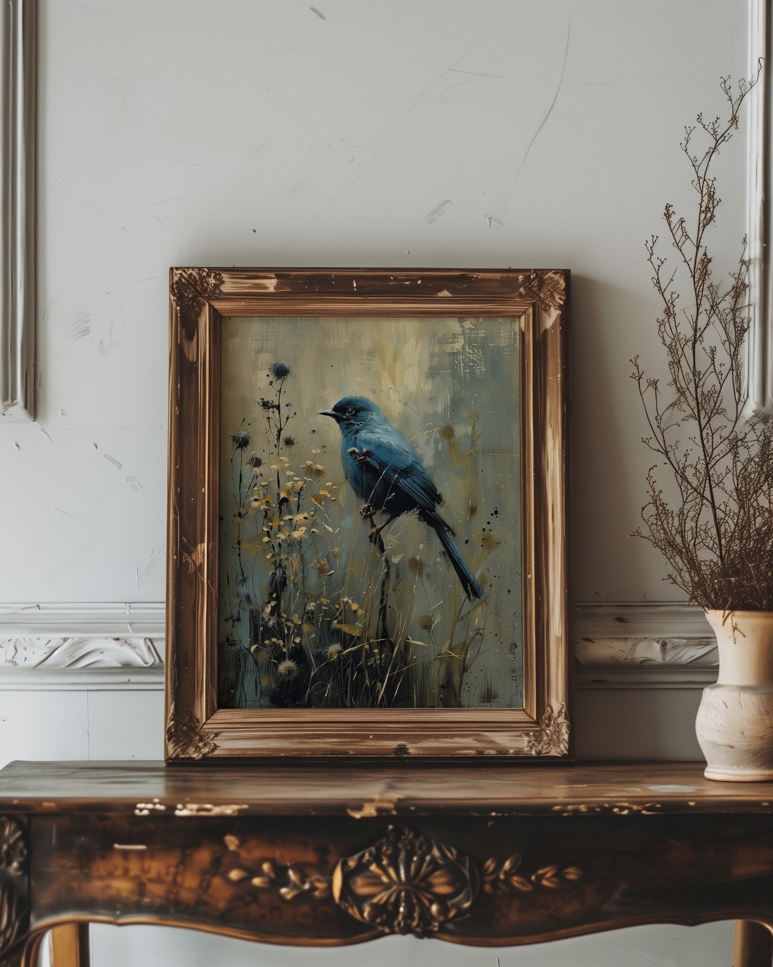 vintage framed gothic blue bird wall art print