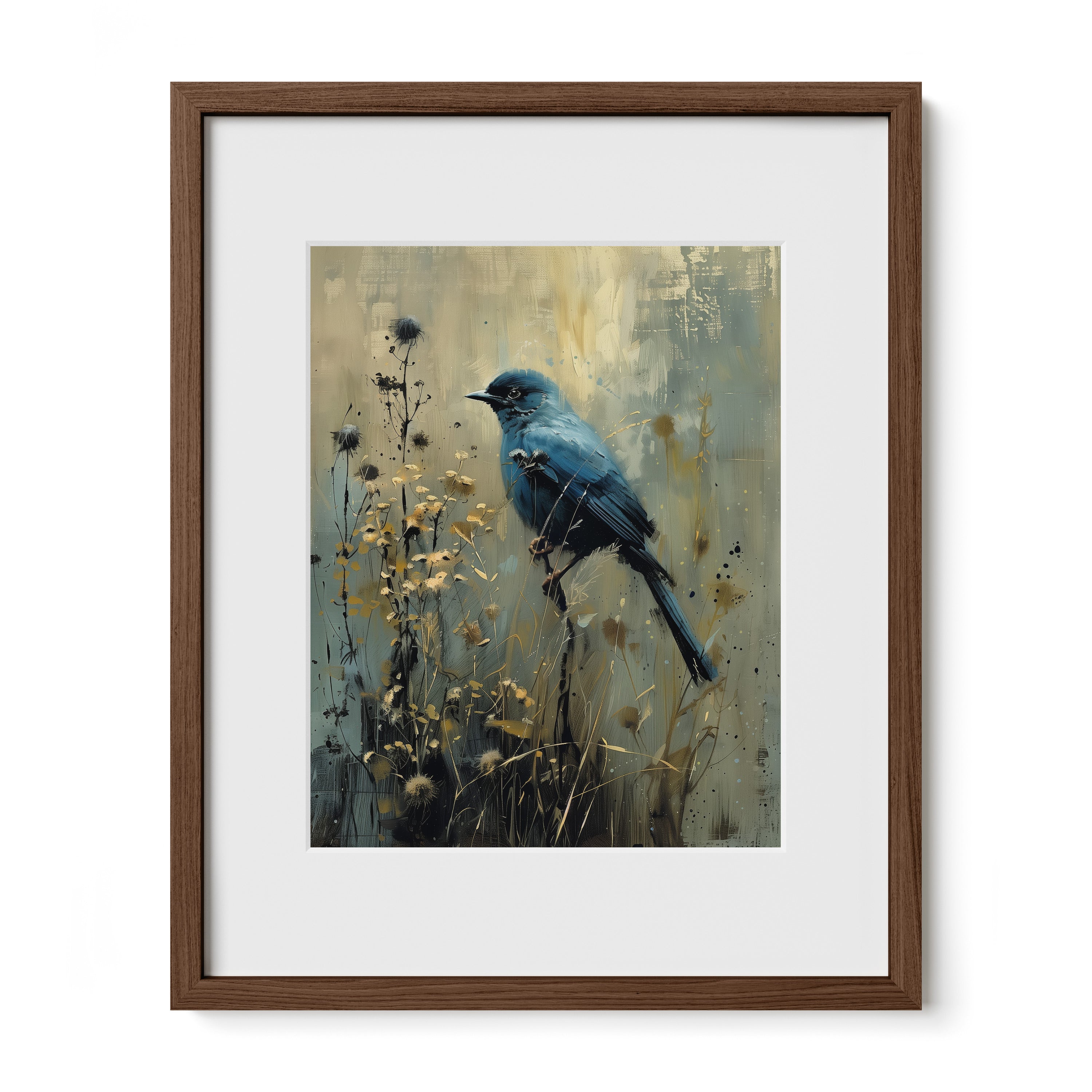 walnut framed dark nature bird print with mat