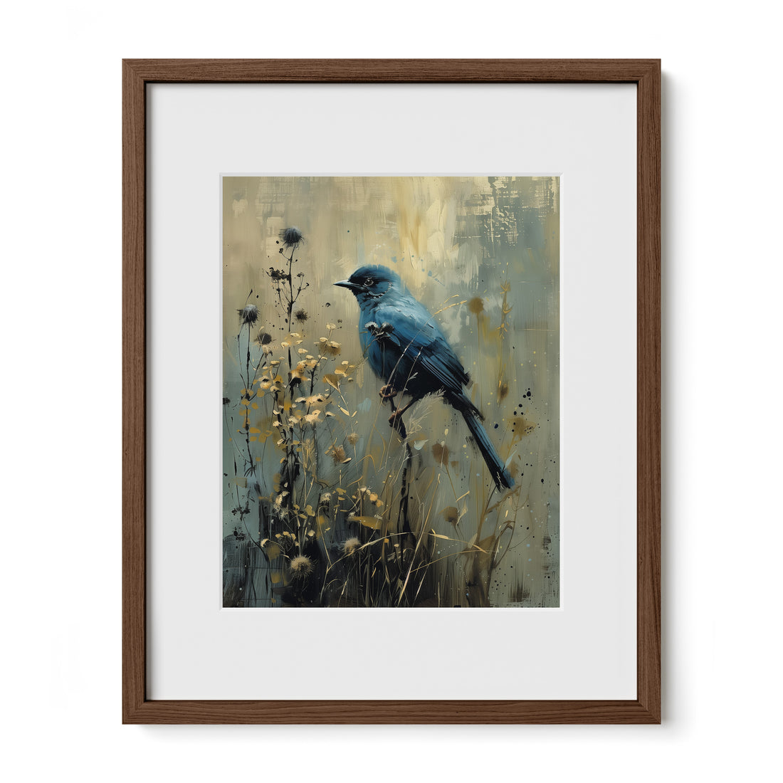 walnut framed dark nature bird print with mat