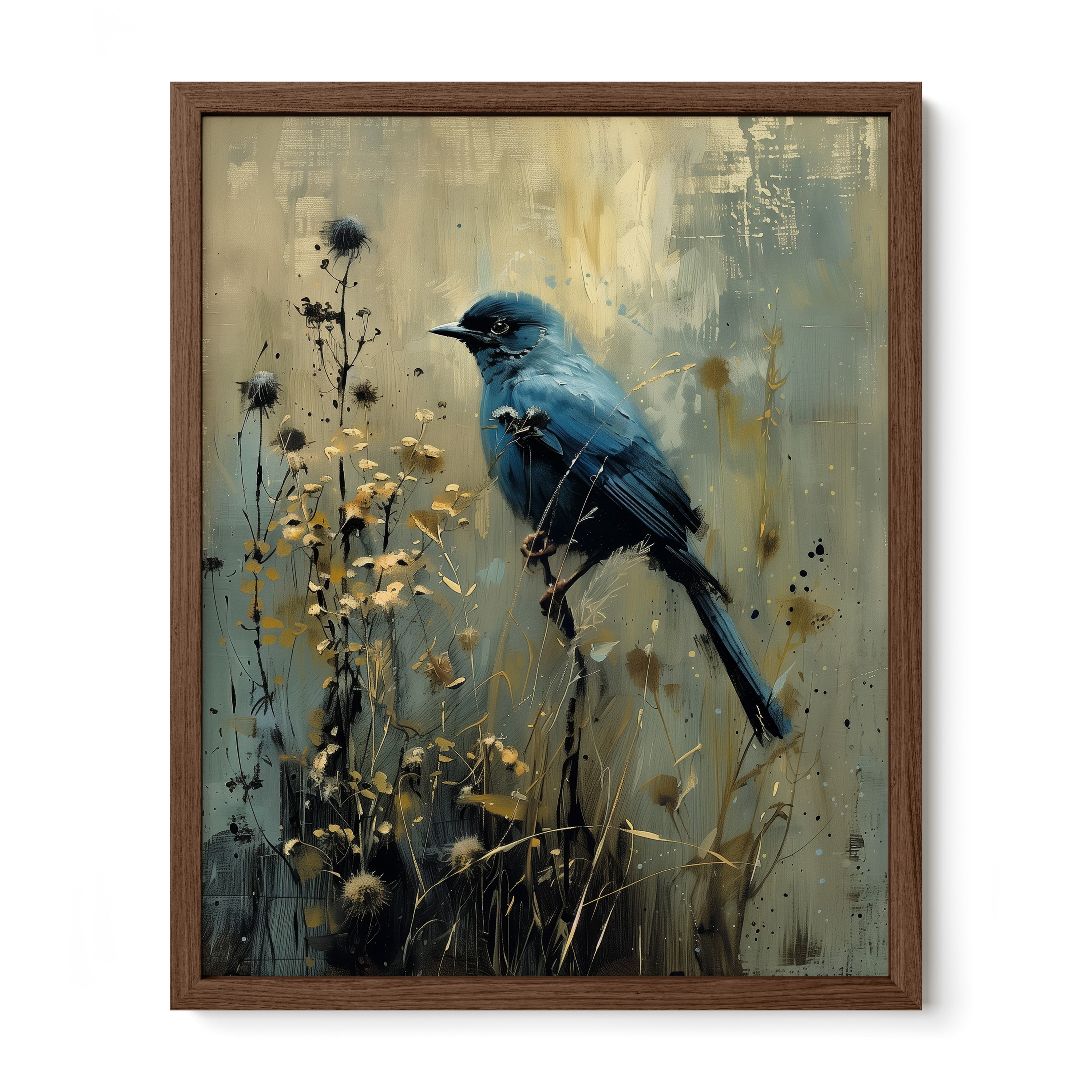 walnut framed gothic bird botanical wall art print