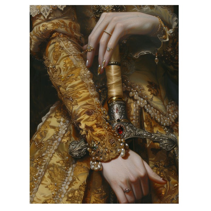 gothic royal portrait wall art print with hand resting on jeweled sword hilt
