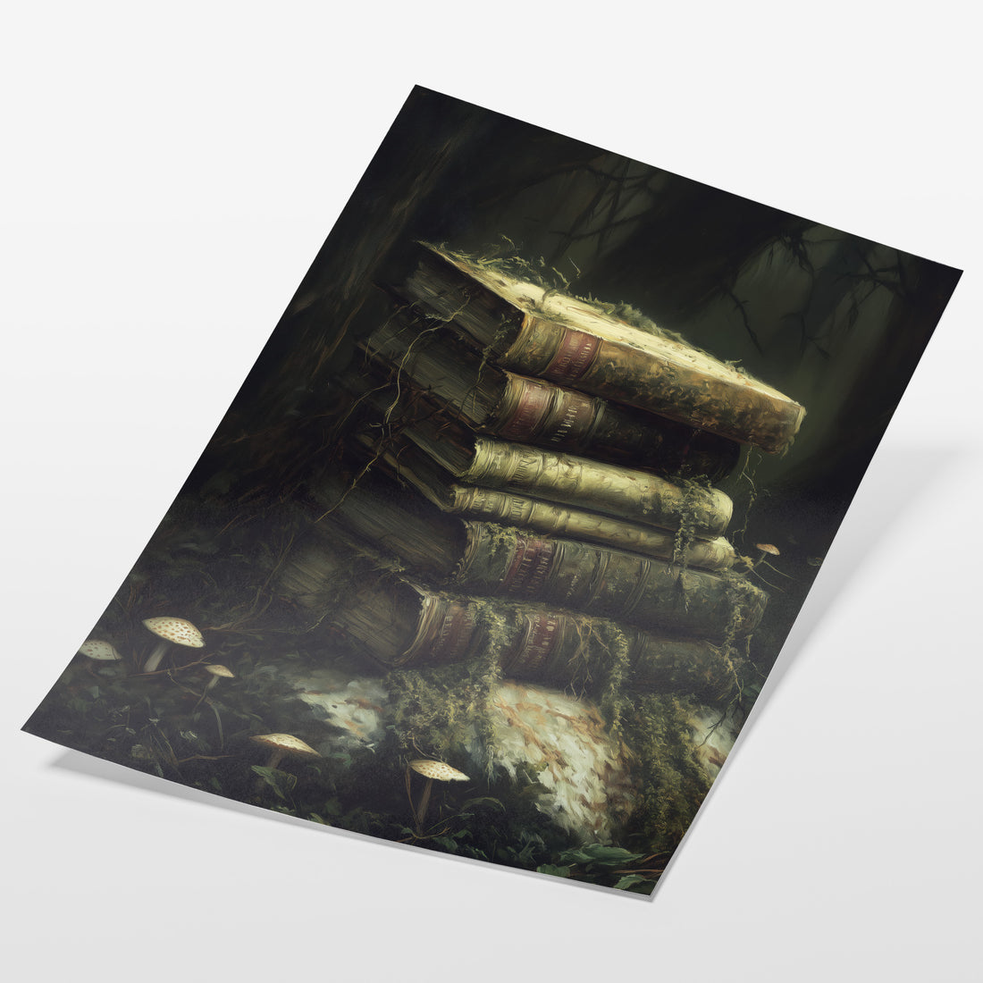 angled view of dark academia forest book fine art print