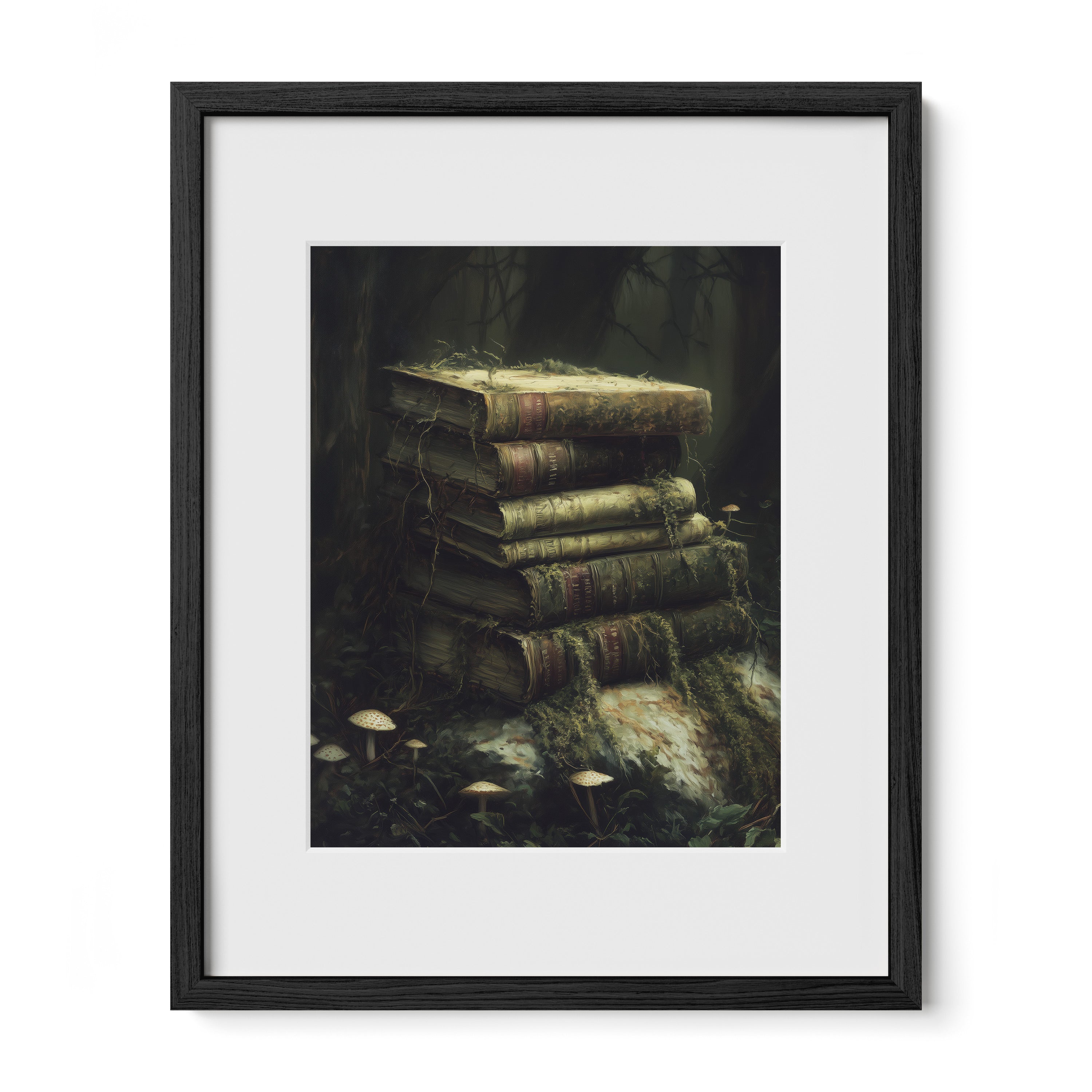black framed forest book wall art print with mat