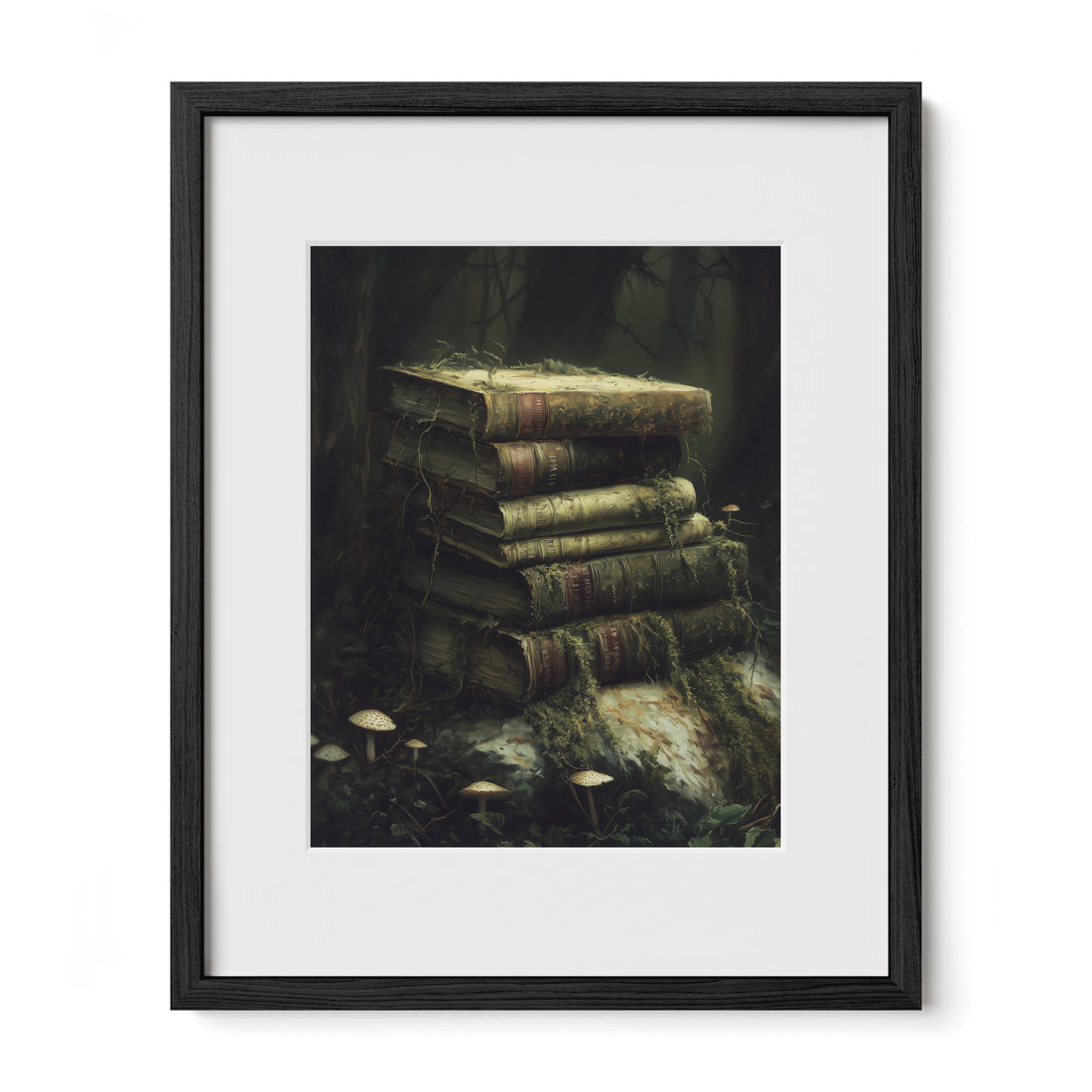 black framed forest book wall art print with mat