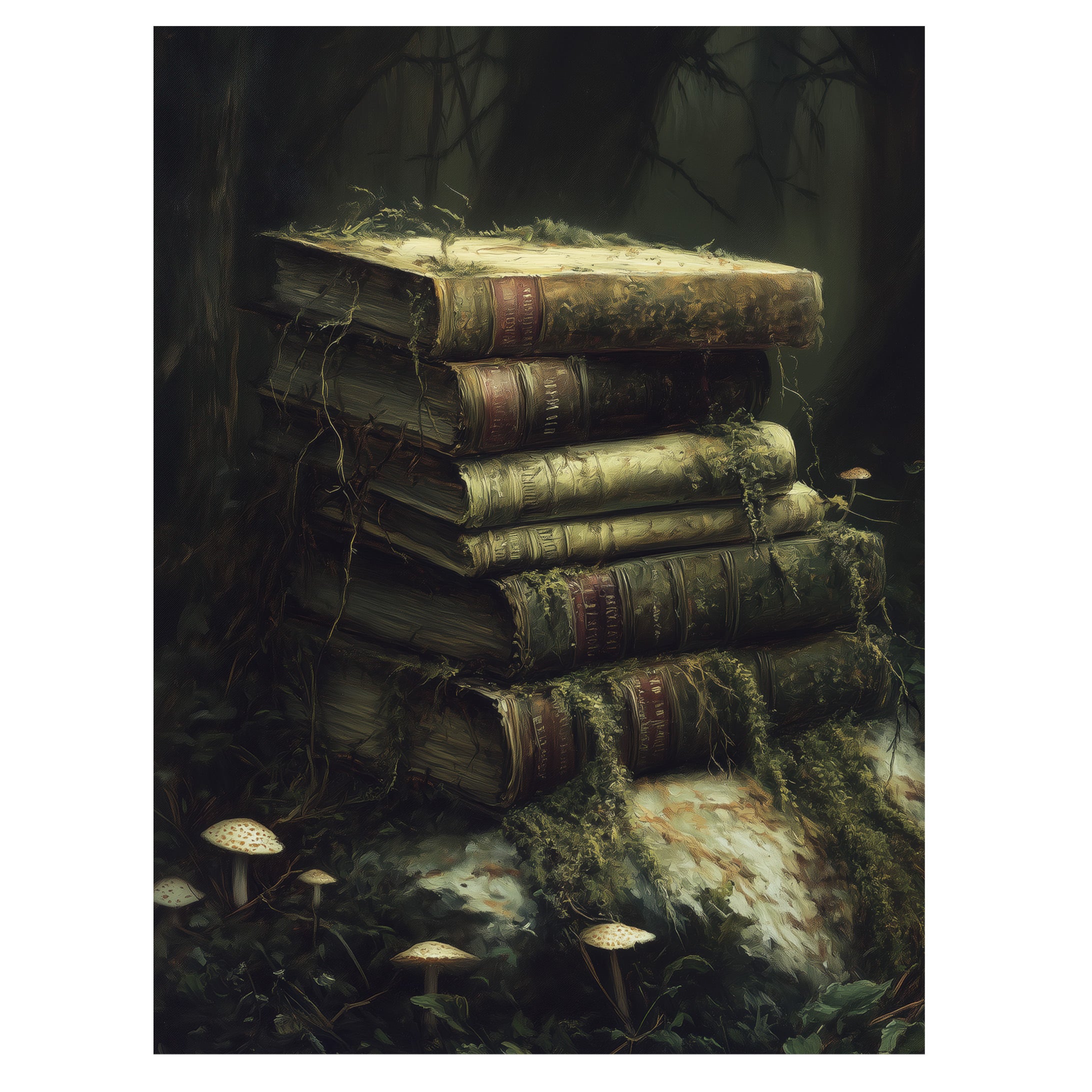 dark academia forest book wall art print with moss-covered antique books
