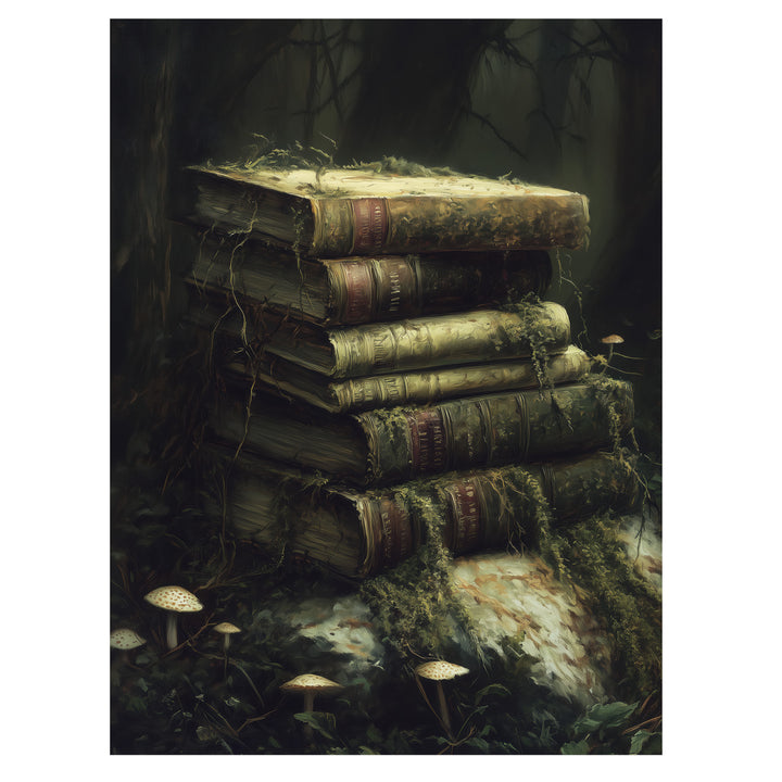 dark academia forest book wall art print with moss-covered antique books