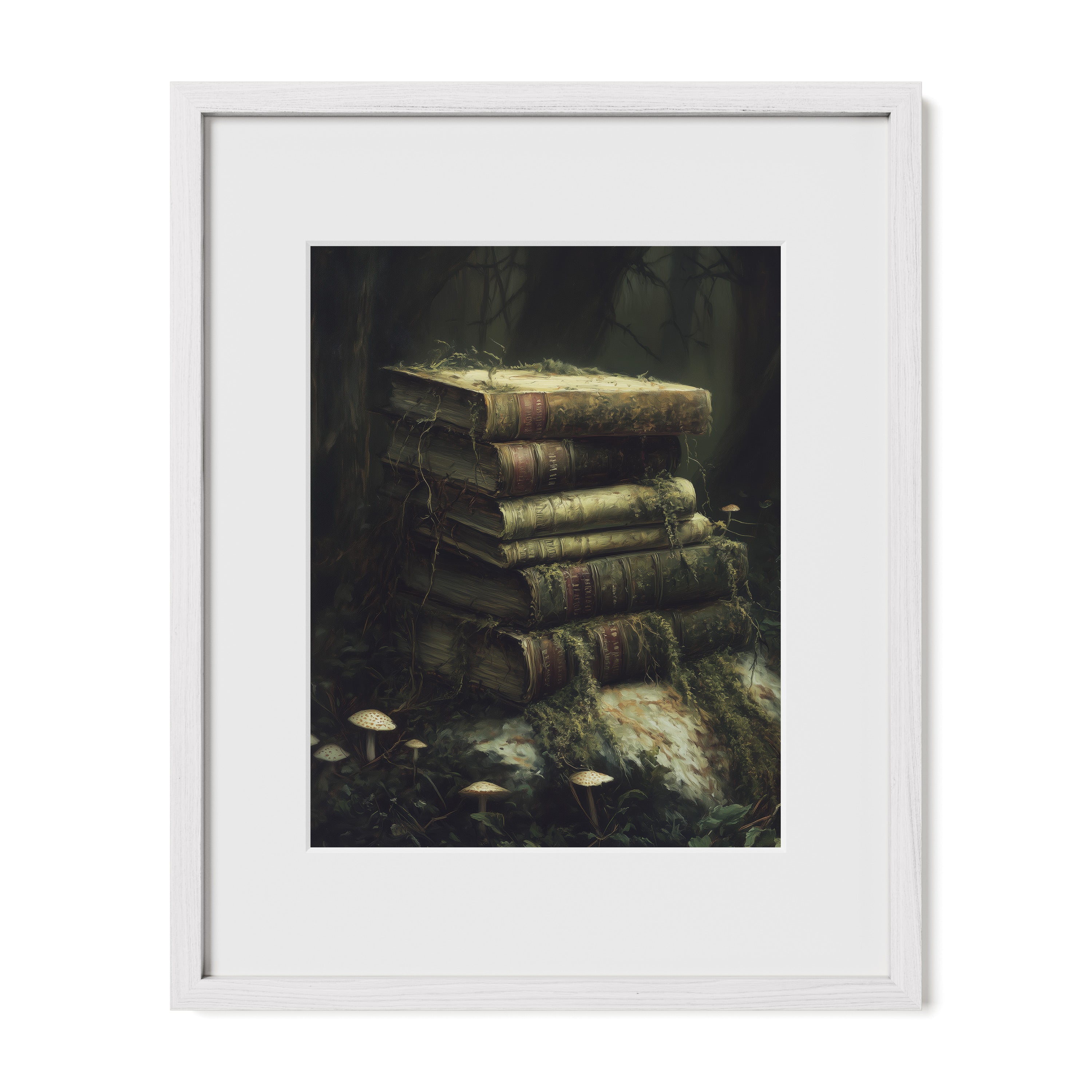 white framed antique book wall art print with mat
