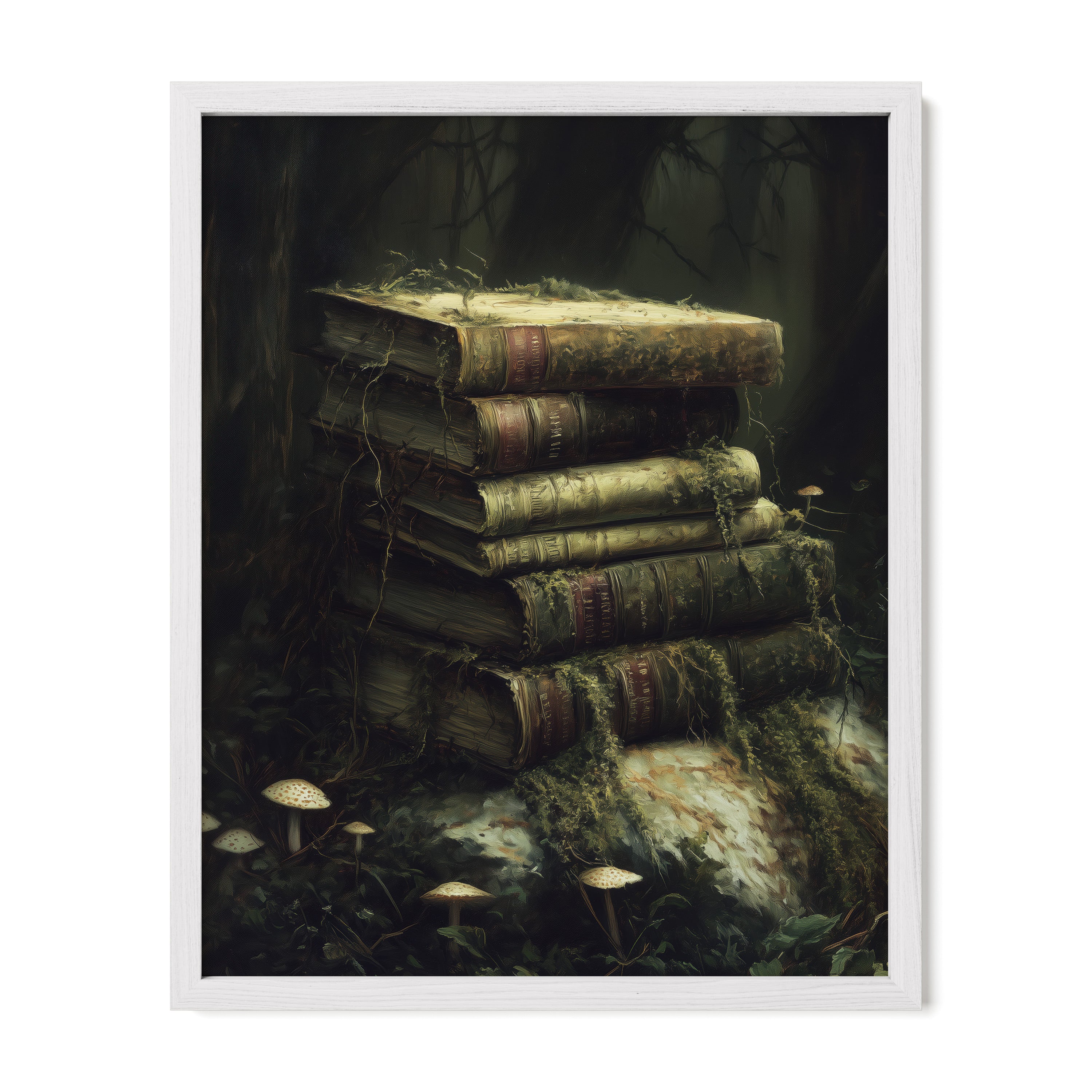 white framed dark academia forest book wall art print