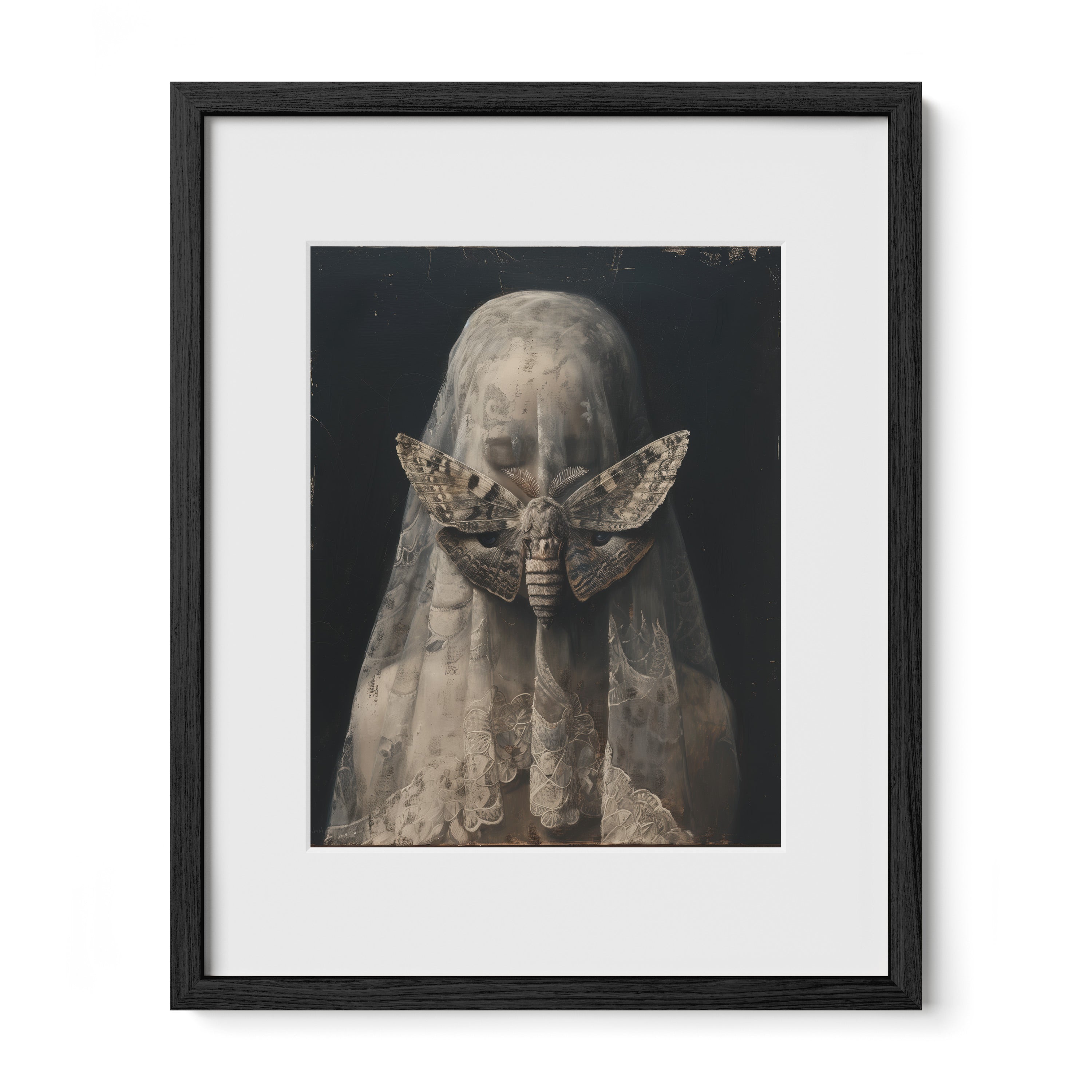 black framed witchy moth portrait wall art print with mat