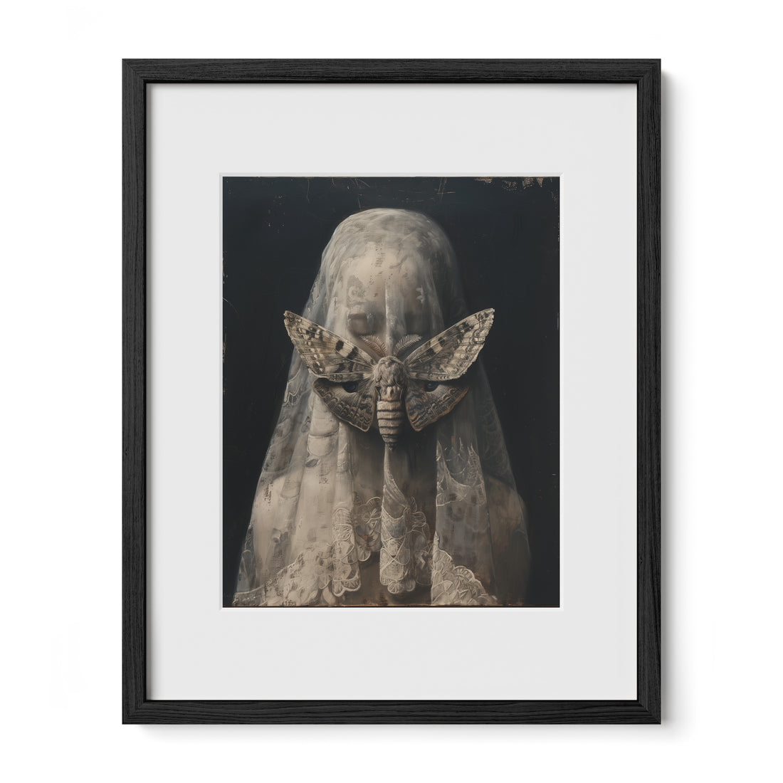 black framed witchy moth portrait wall art print with mat