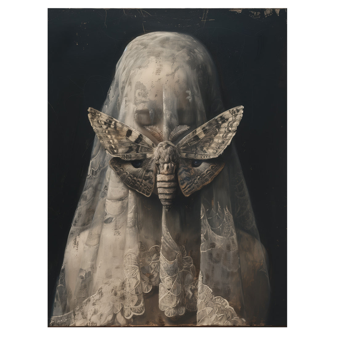gothic veiled portrait wall art print with lace covered figure holding a moth