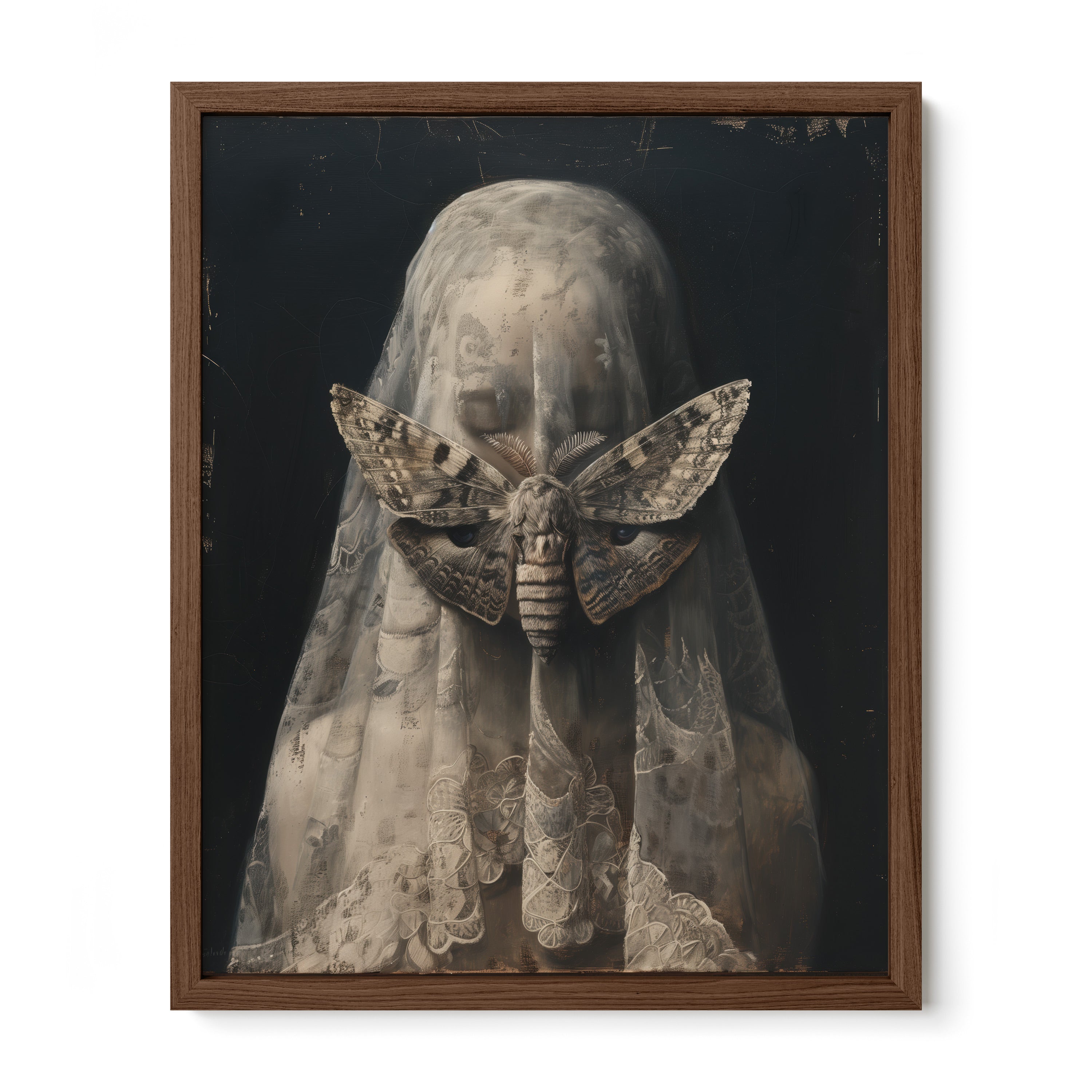 walnut framed gothic surreal moth wall art print