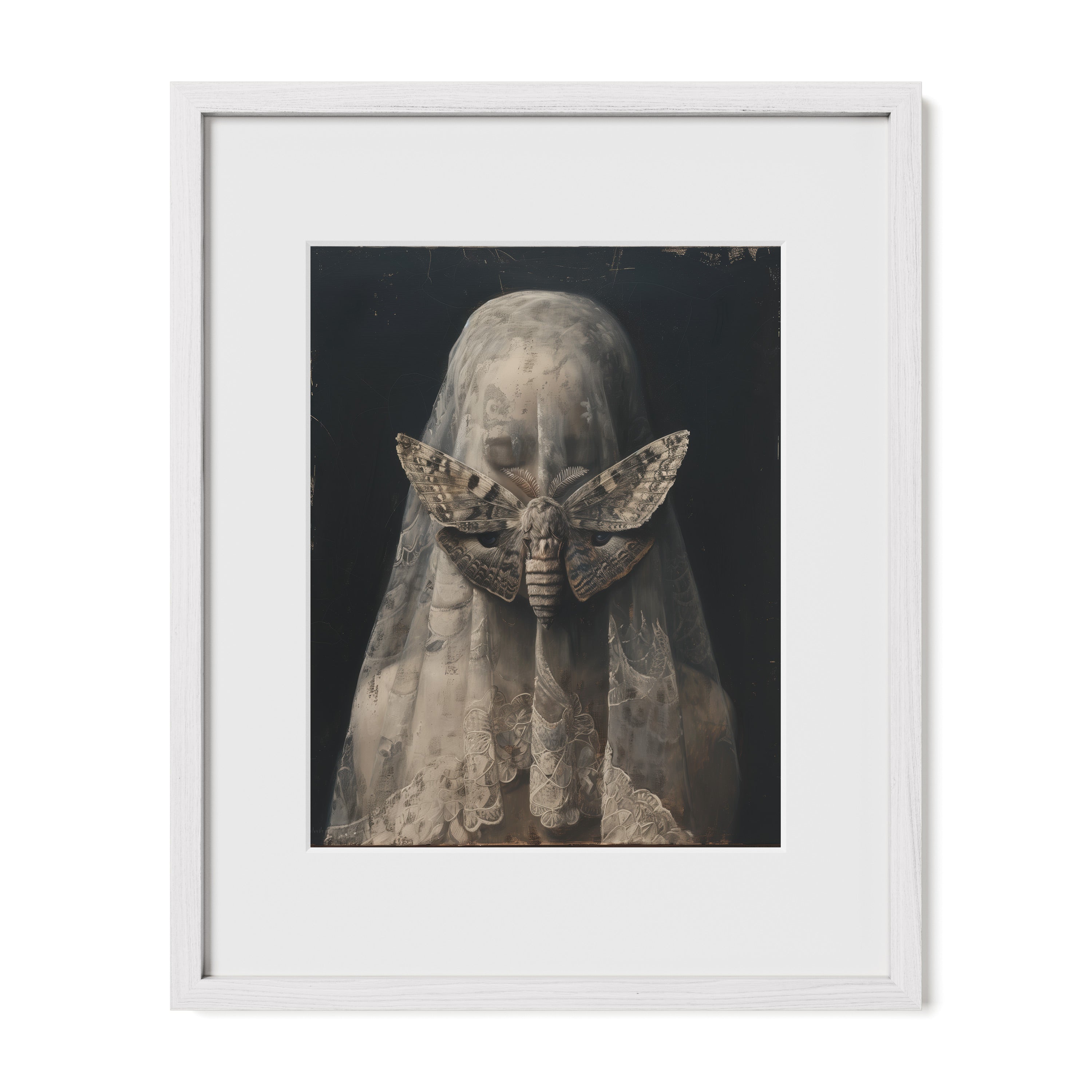 white framed dark feminine gothic portrait wall art print with mat