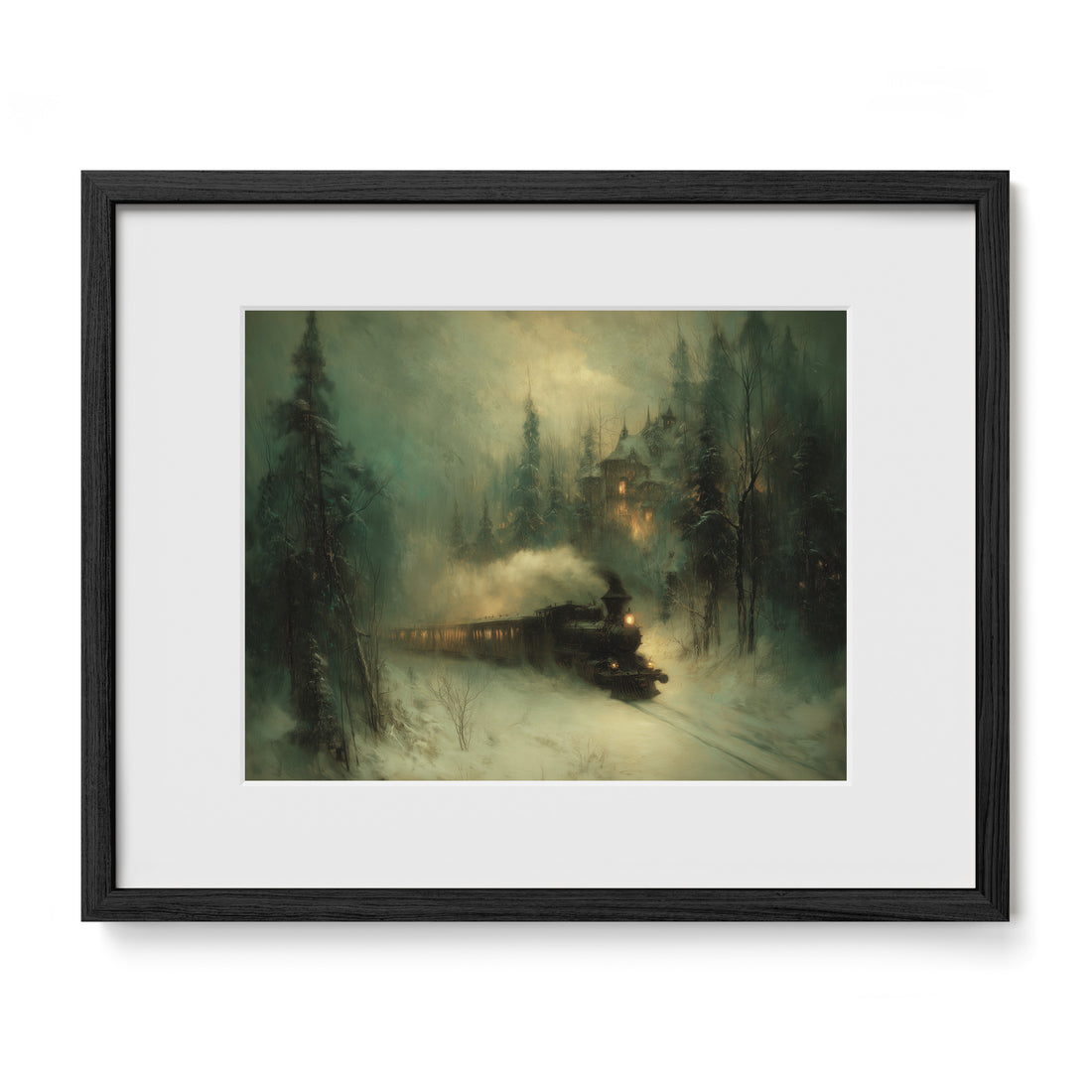 black framed snowy train wall art print with mat