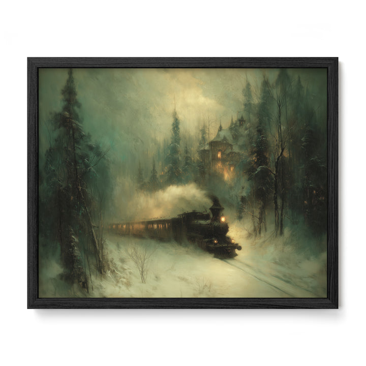 black framed winter train forest wall art print