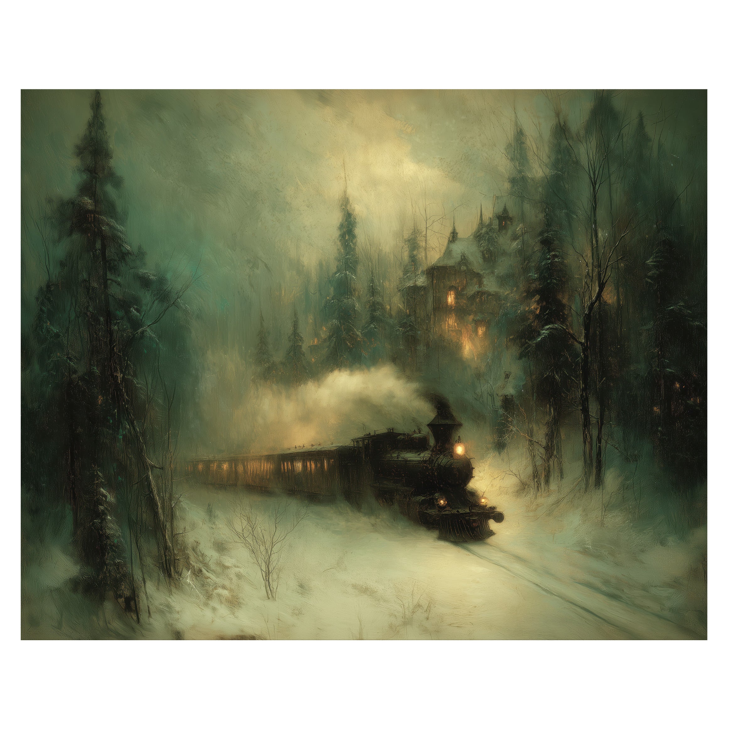 winter train forest wall art print with locomotive moving through snowy pine woods