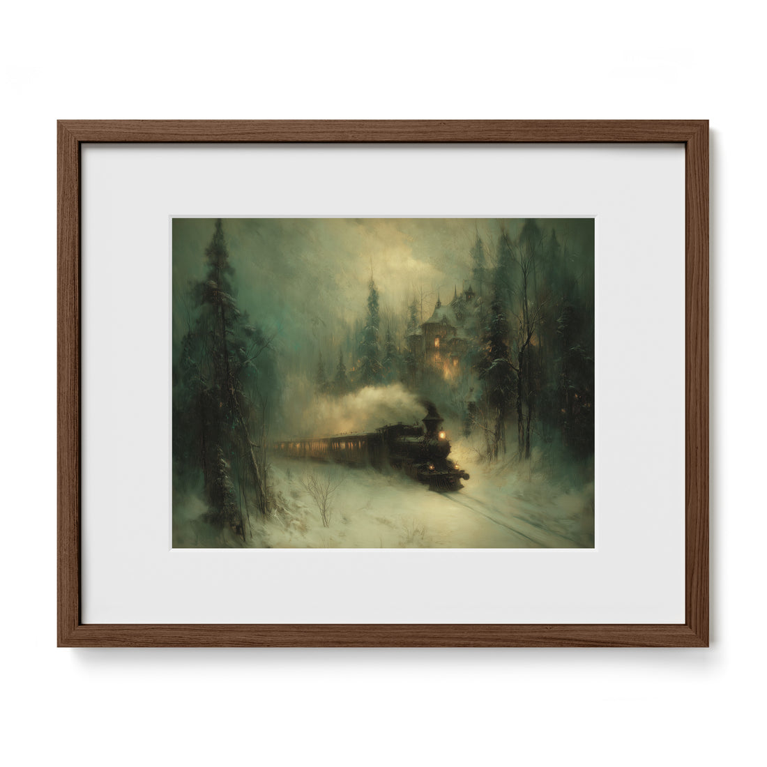 walnut framed forest train wall art print with mat