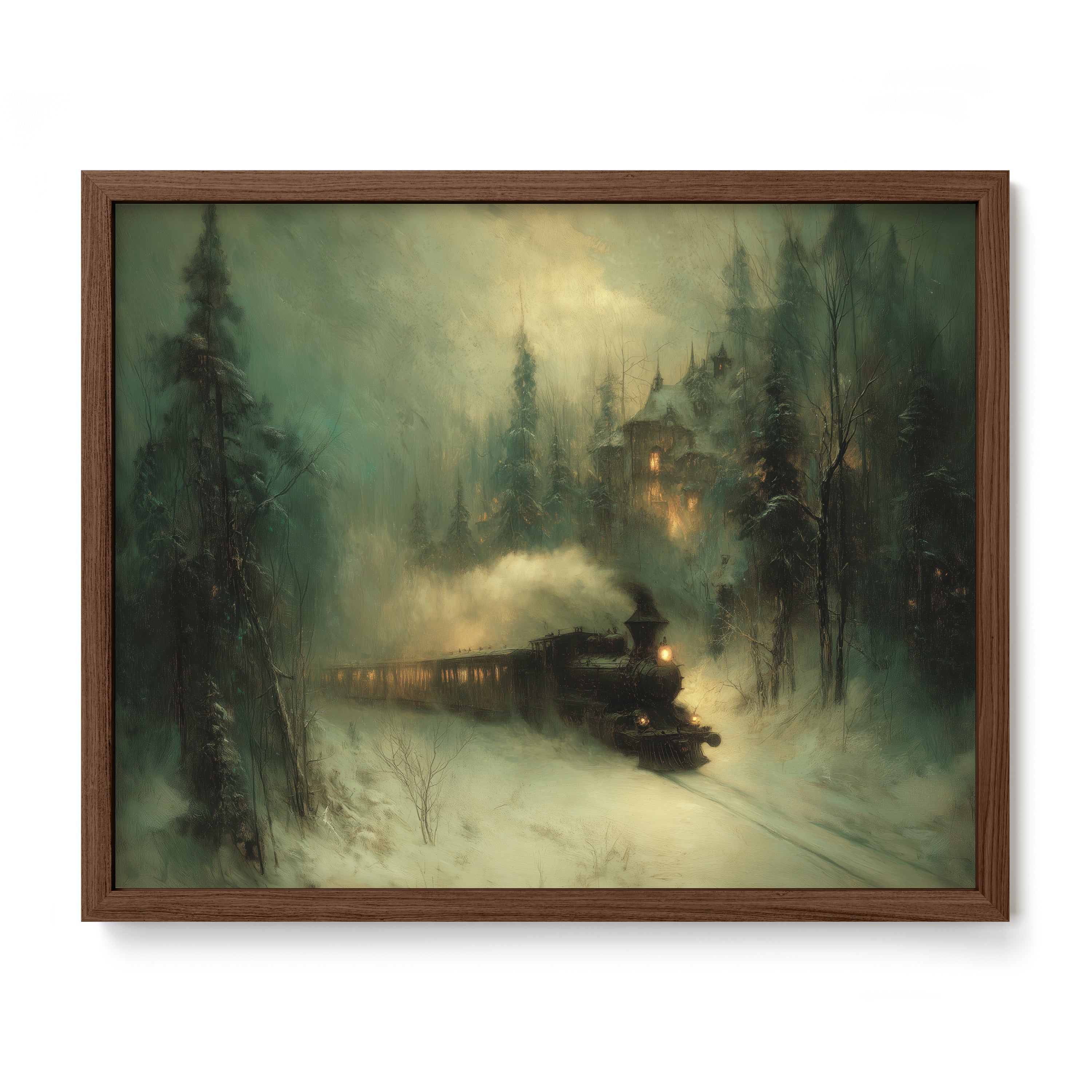 walnut framed winter train landscape wall art print