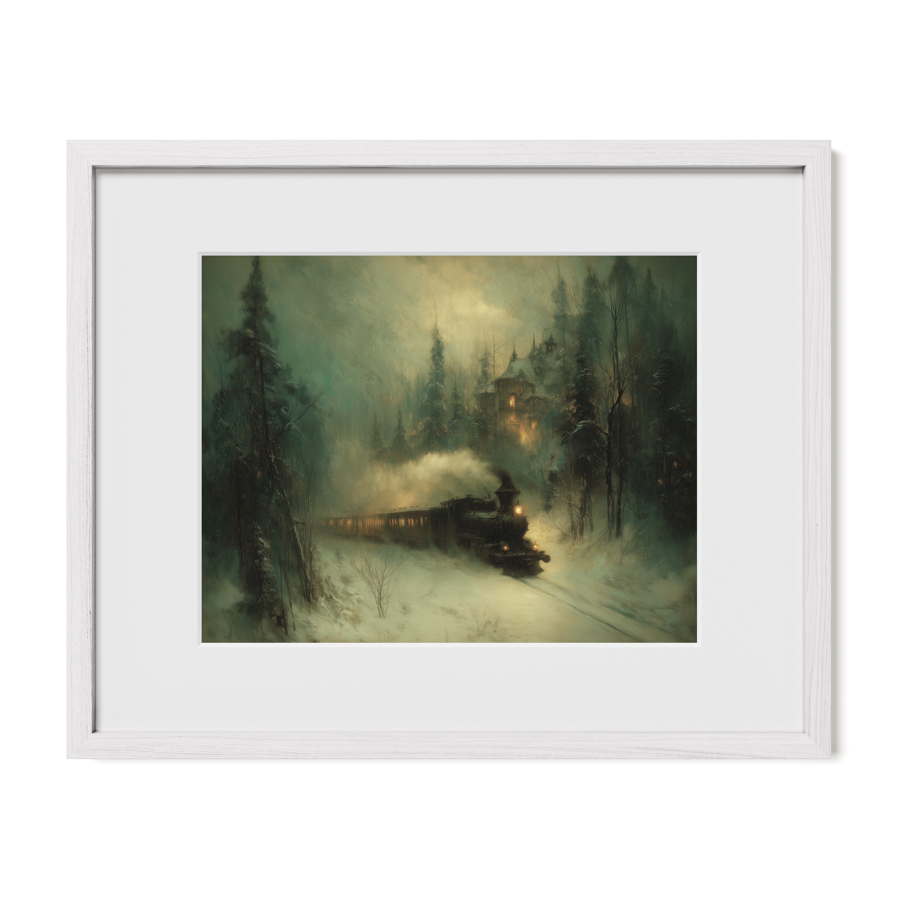 white framed snowy locomotive wall art print with mat