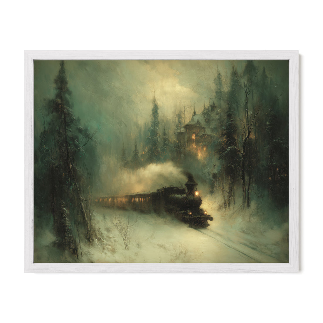 white framed winter train wall art print