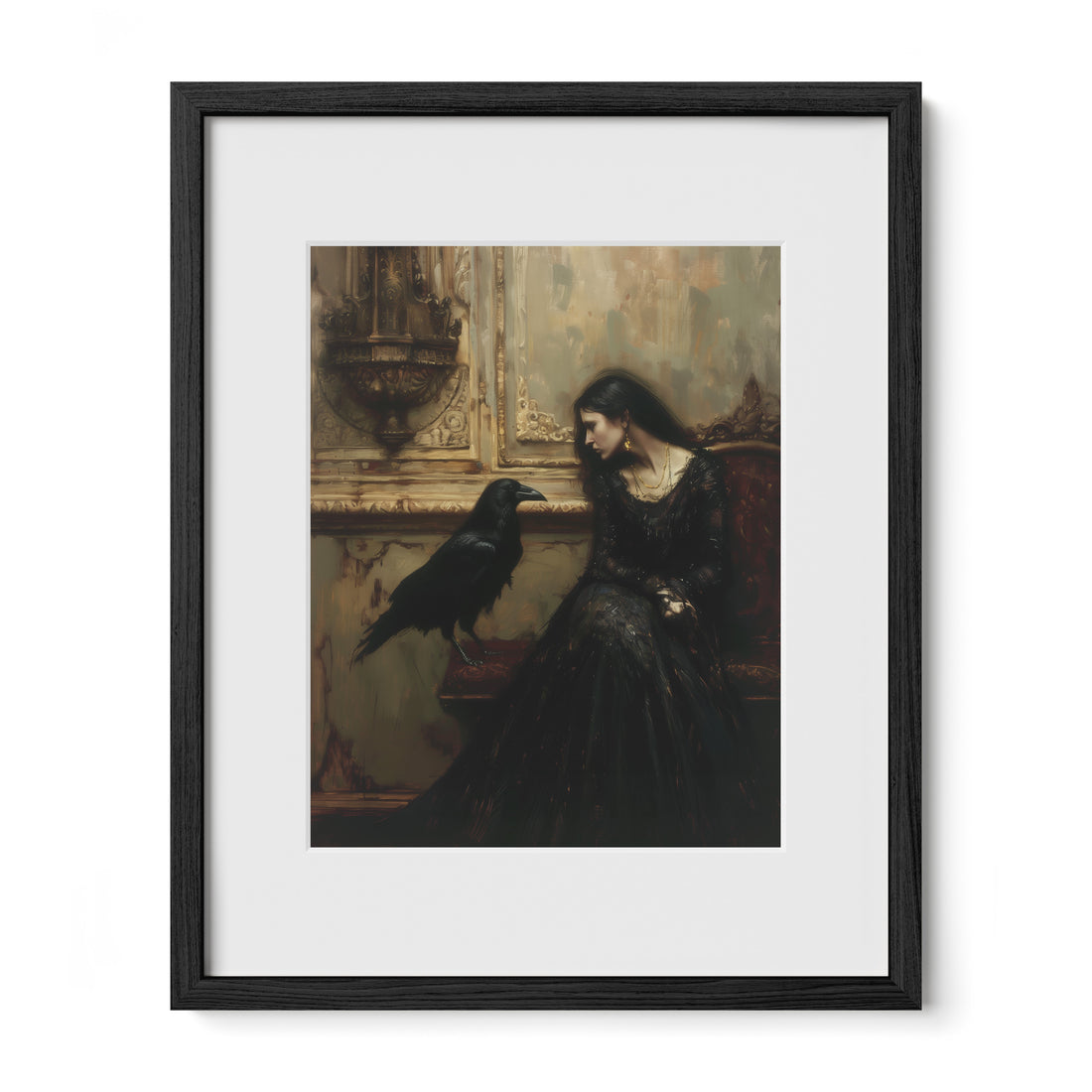 black framed literary raven wall art print with mat