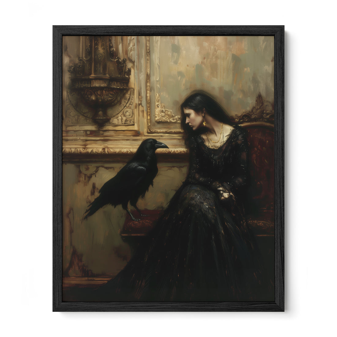 black framed gothic raven mourning wall art print