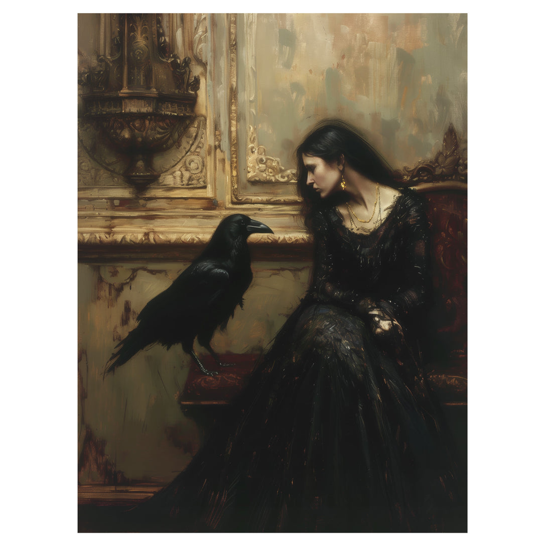 gothic raven mourning wall art print with woman in black seated beside a raven