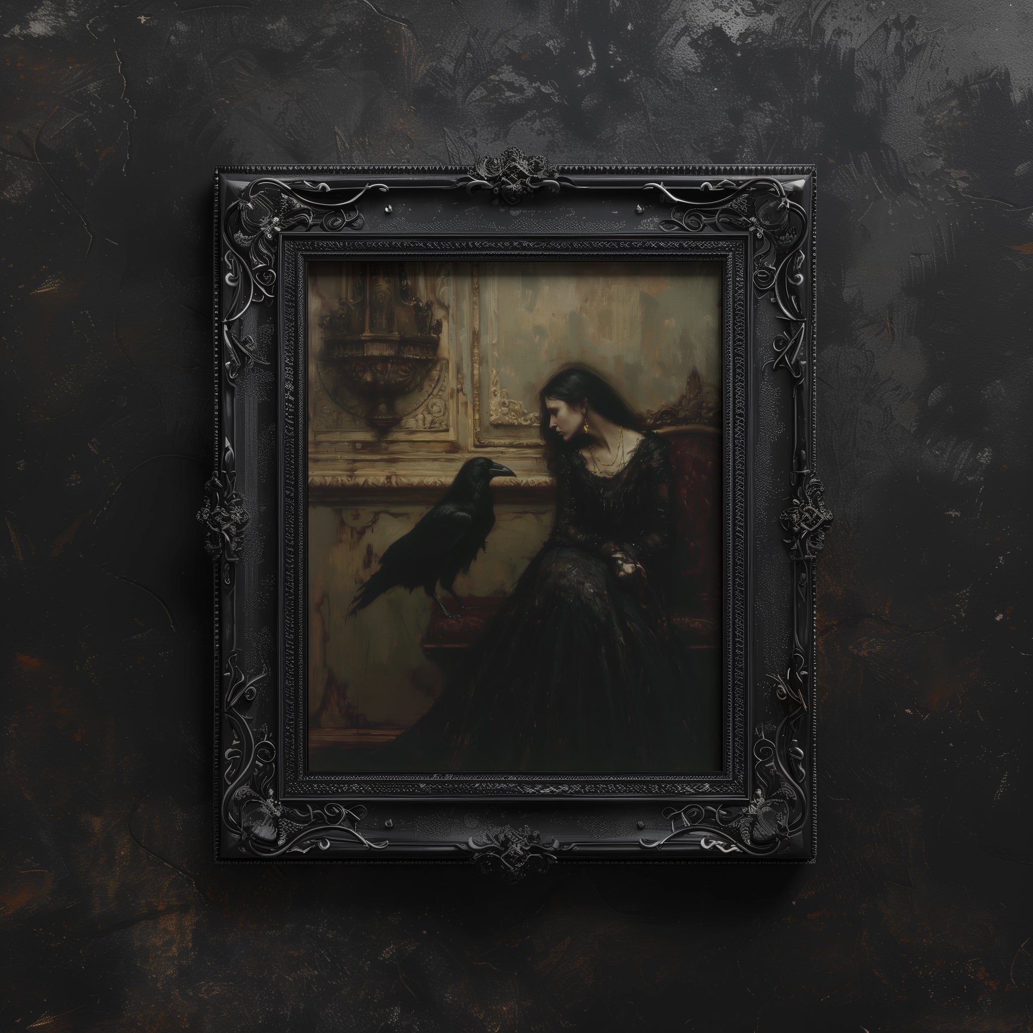 black vintage framed gothic raven mourning wall art print