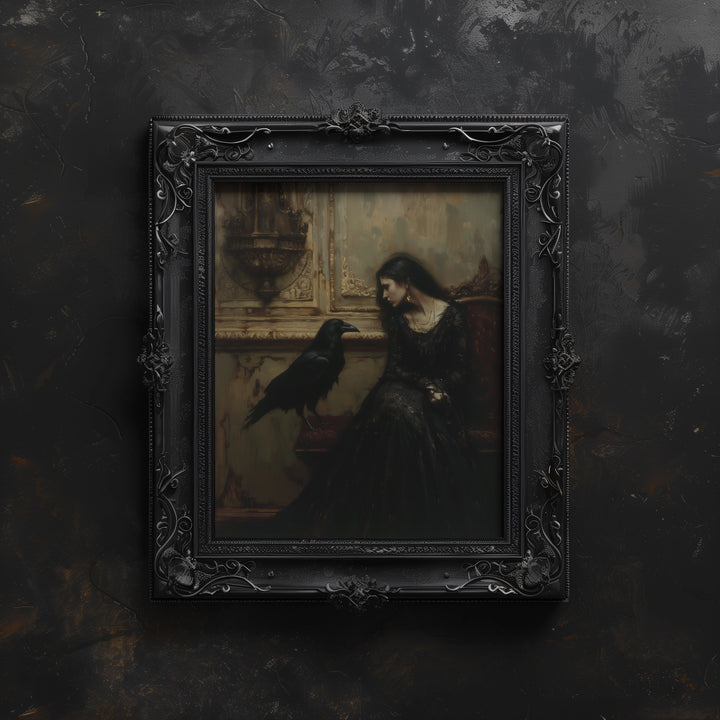 black vintage framed gothic raven mourning wall art print